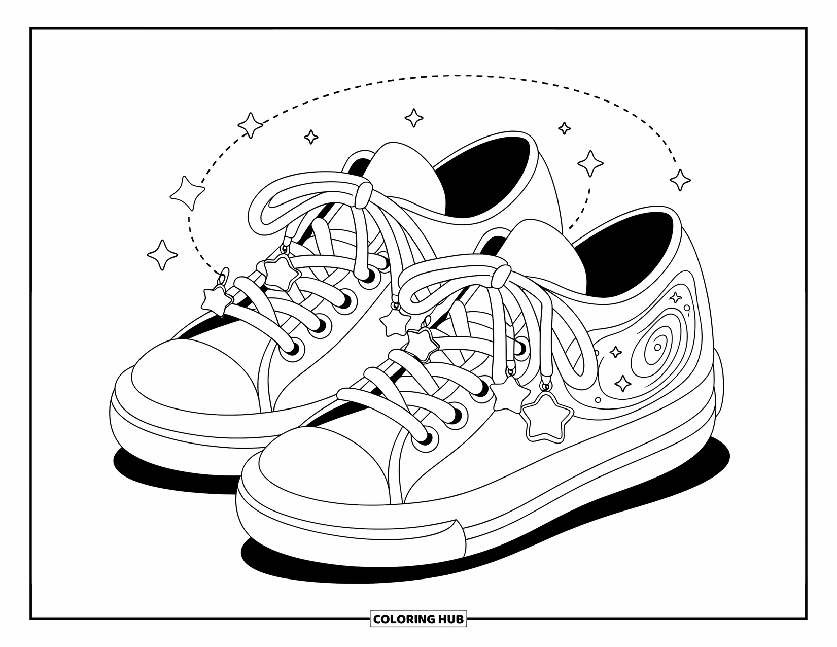 Schuh Ausmalbild für Erwachsene: Ein Paar niedliche Sneaker mit Sternanhängern, einem Galaxie-Wirbelmuster und funkelnden Monden