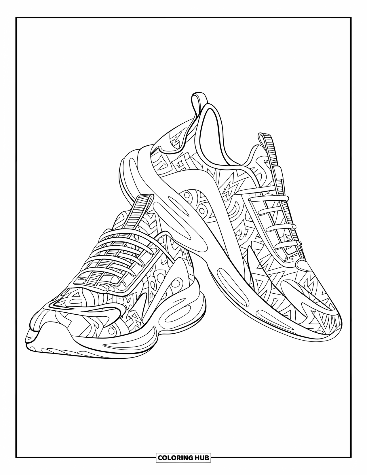 Schuh Ausmalbild für Erwachsene: Ein Paar Designer-Sneaker mit einem Graffiti-Muster sitzt auf einem weißen Hintergrund