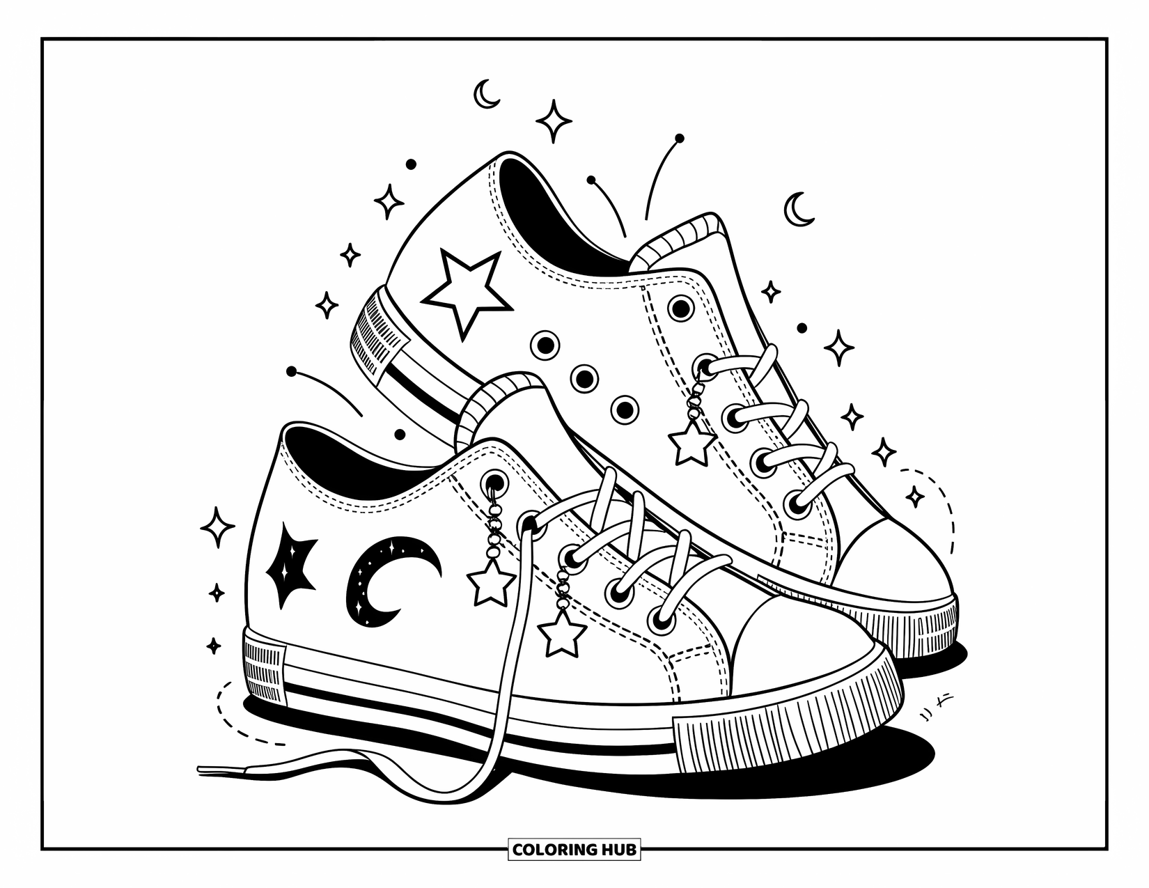 Schuh Ausmalbild für Erwachsene: Ein Paar übergroße Sneaker mit Sternanhängern, Galaxiemustern und schwebenden Monden um sie herum
