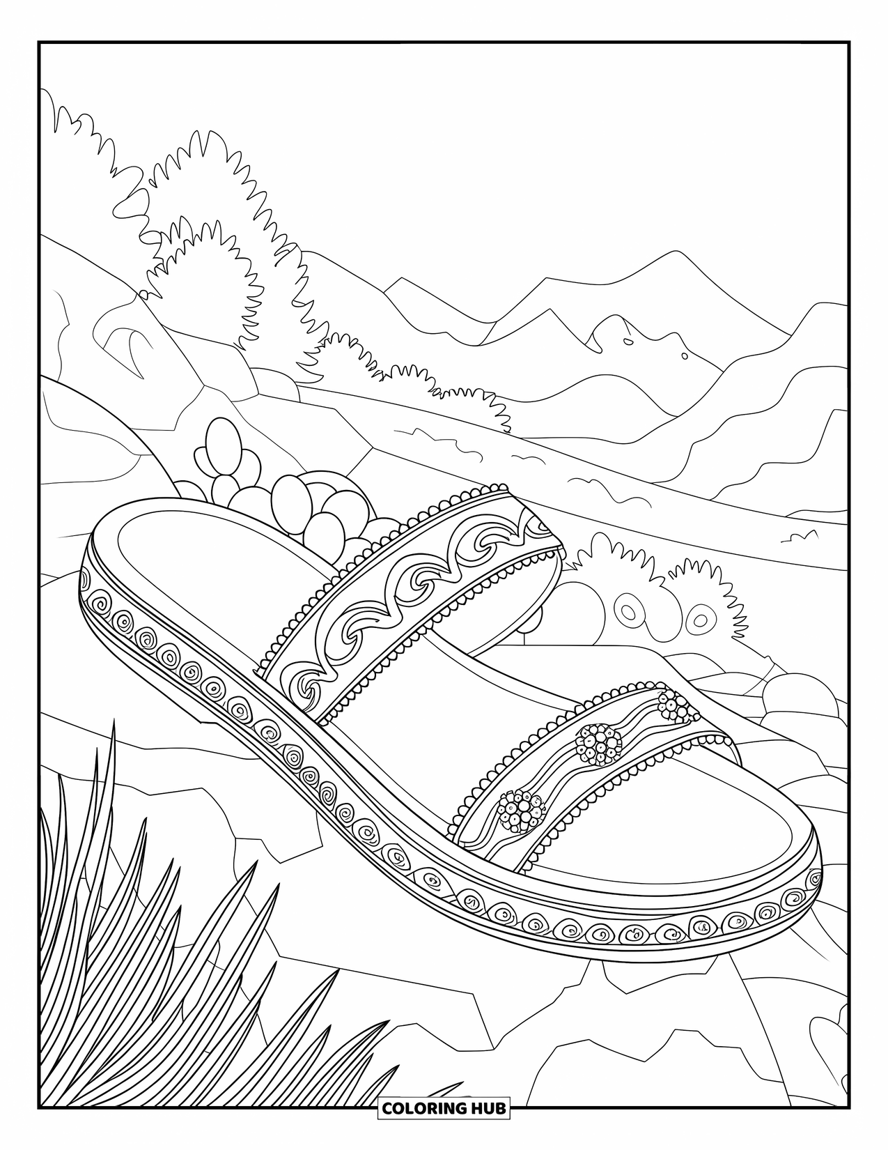 Schuh Ausmalbild für Erwachsene: Eine gemusterte Sandale mit wellenartigen Designs ruht in einer malerischen Berglandschaft