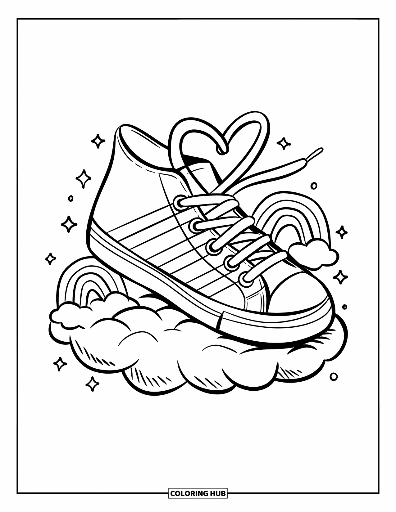 Schuh Ausmalbild für Erwachsene: Ein Regenbogen-Sneaker, der auf einer flauschigen Wolke mit herzförmigen Schnürsenkeln, Regenbögen und funkelnden Sternen schwebt