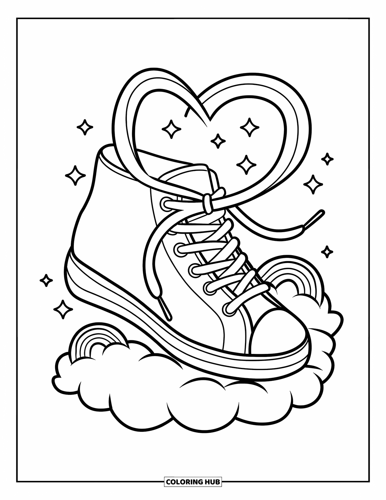 Schuh Ausmalbild für Erwachsene: Ein Sneaker mit Regenbogenstreifen, herzförmigen Schnürsenkeln und Sternen, die auf einer flauschigen Wolke schweben