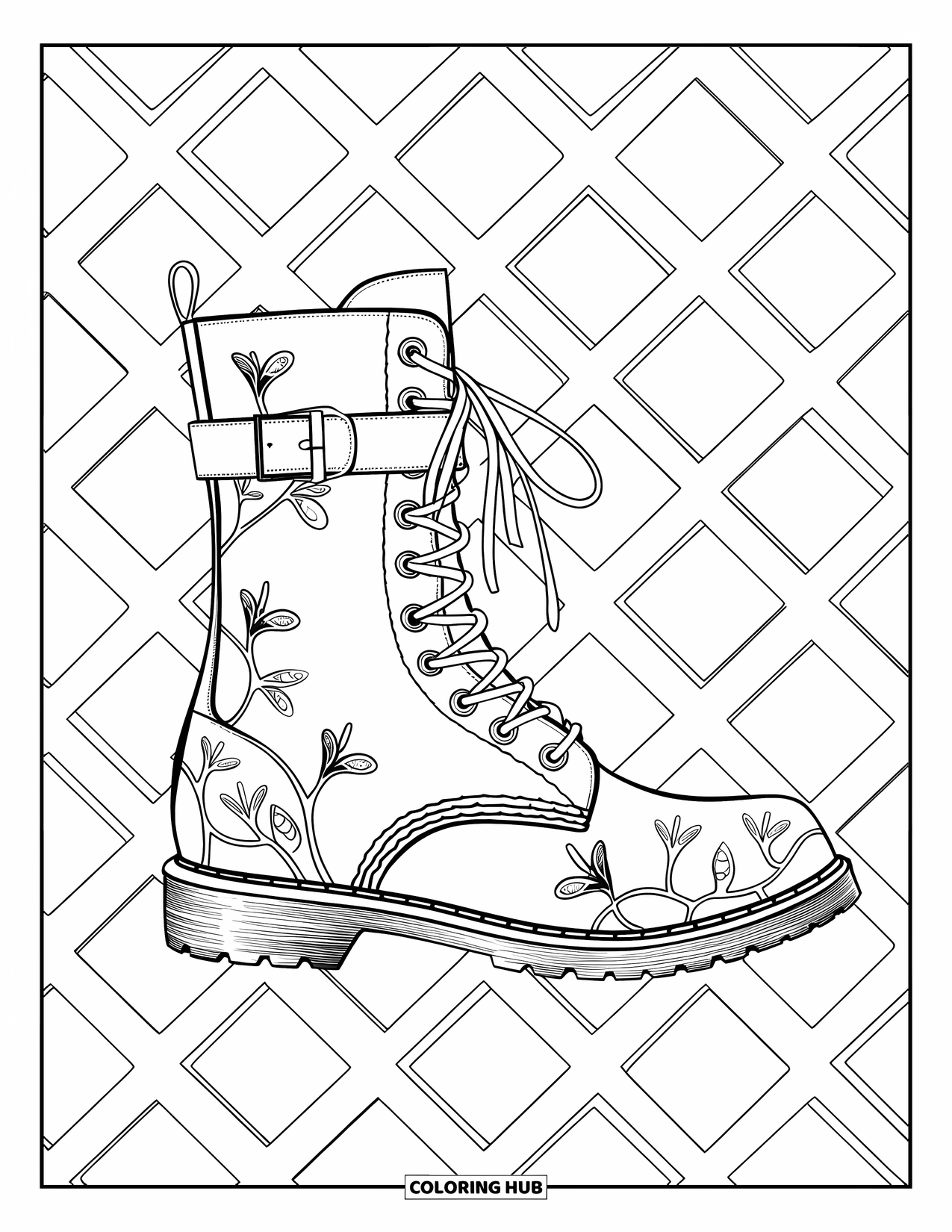 Schuh Ausmalbild für Erwachsene: Ein stylischer Stiefel mit Rankenmustern, Schmetterlingen und Edelsteindetails steht vor einem geometrischen Hintergrund