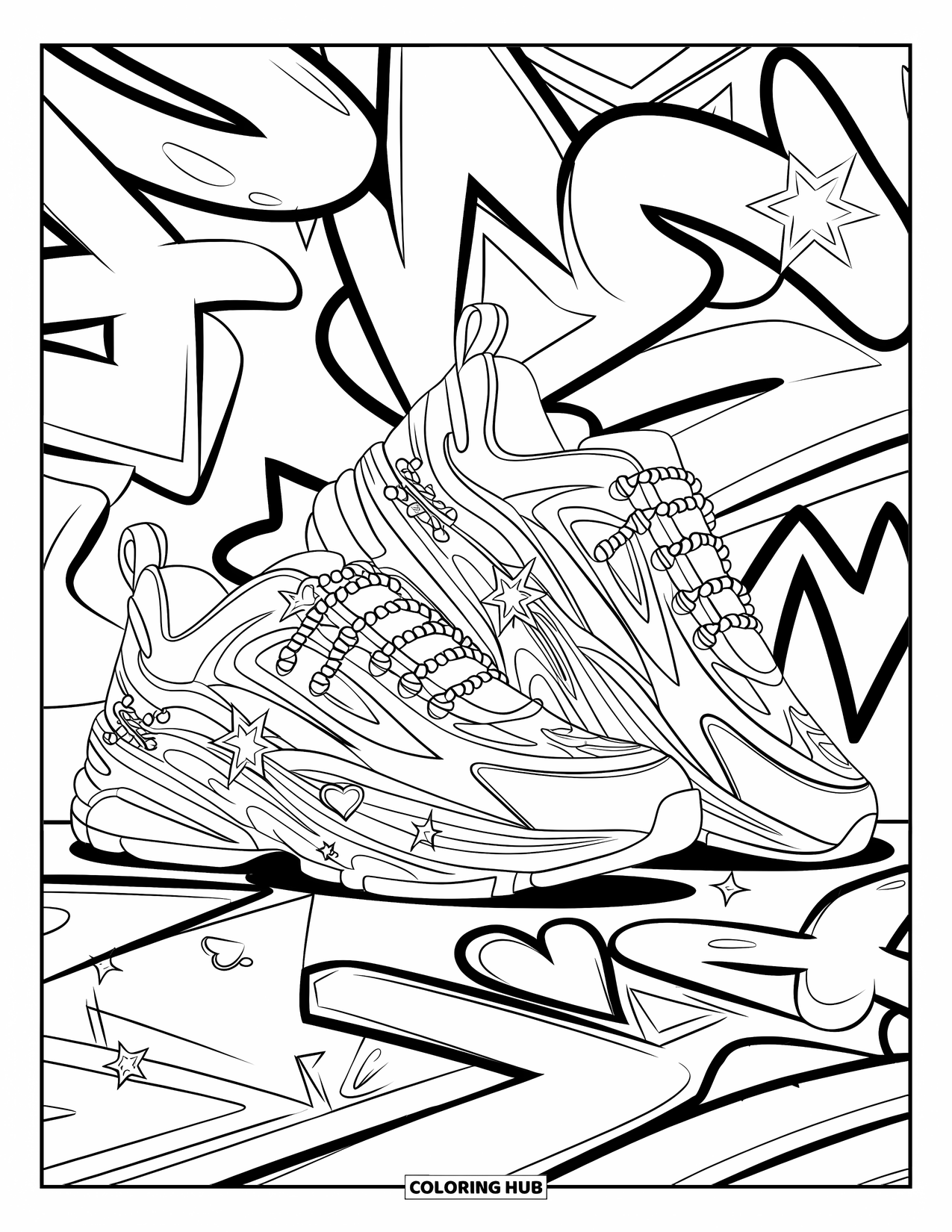 Schuh Ausmalbild für Erwachsene: Ein trendiger Sneaker mit aufwendigen Graffiti-Details zeigt Sterne, Herzen und auffällige Muster