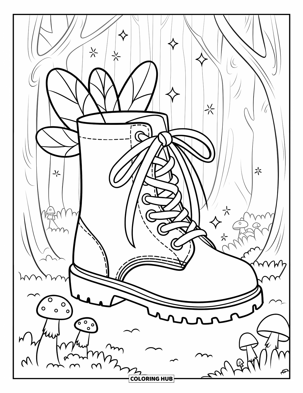Schuh Ausmalbild für Erwachsene: Ein skurriler Feenstiefel mit Flügeln, Schleifenschnürsenkeln und winzigen Sternen in einem magischen Wald