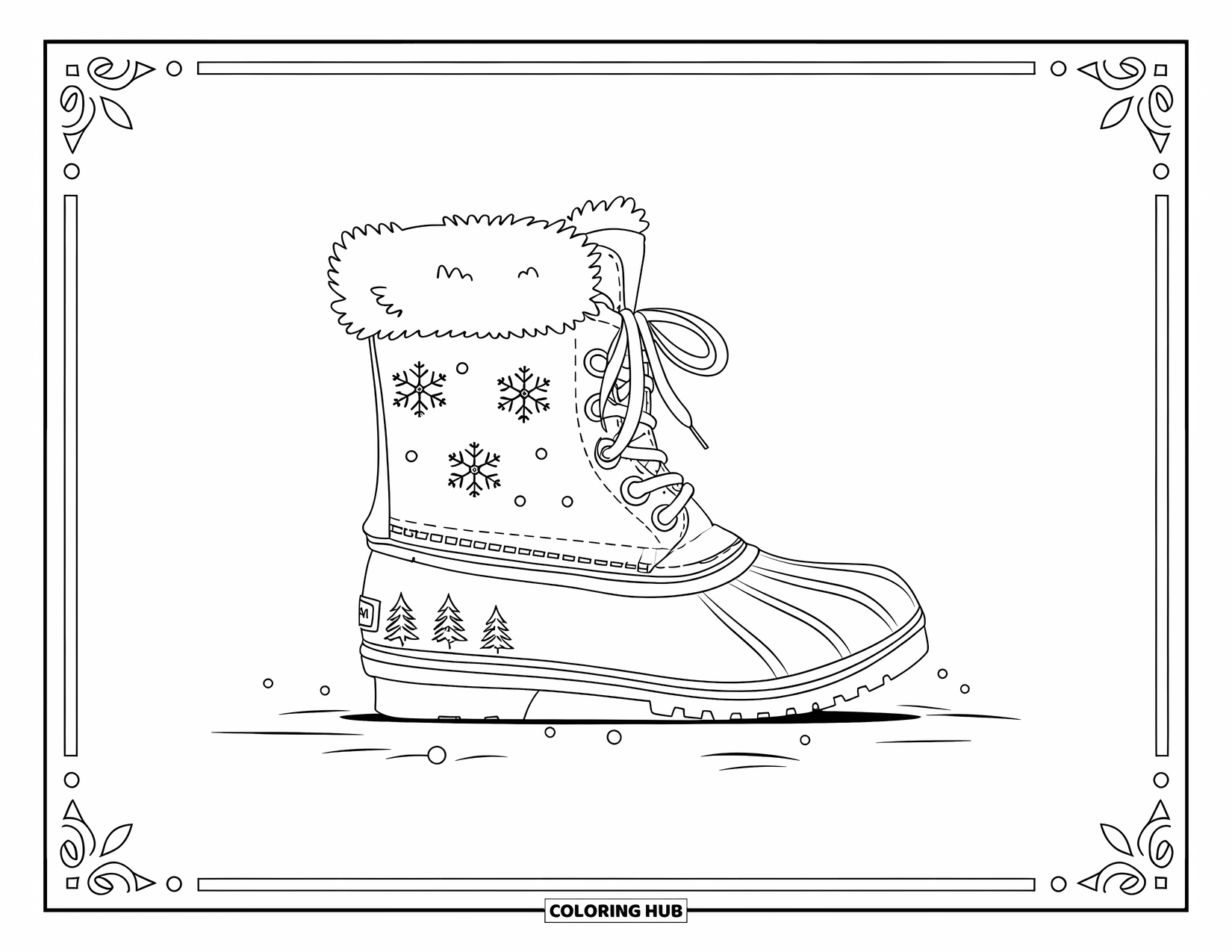 Schuh Ausmalbild für Erwachsene: Ein Winterstiefel mit Schneeflockenmustern und Kiefern steht auf einem schneebedeckten Boden