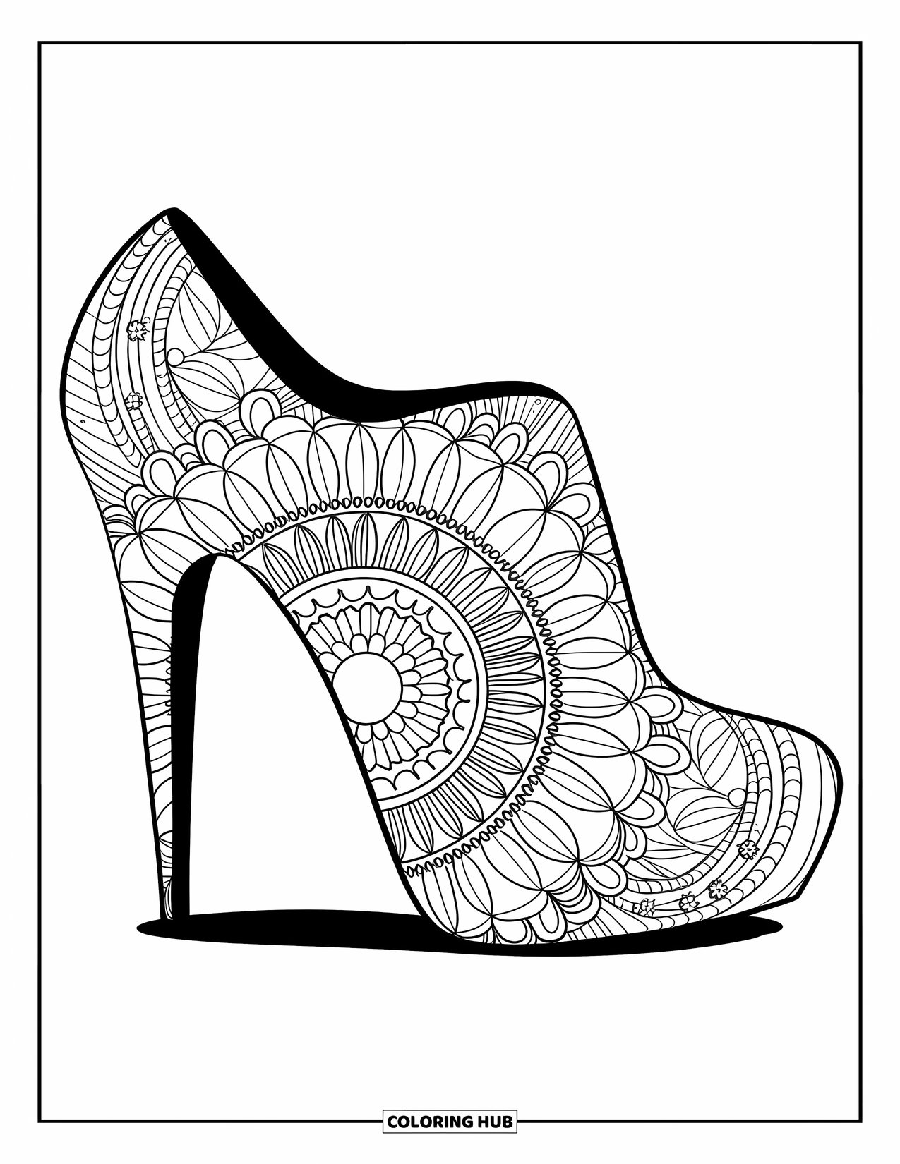 Schuh Ausmalbild für Erwachsene: Ein künstlerischer High Heel mit einem detaillierten Mandala-Muster verbindet Mode mit Achtsamkeit