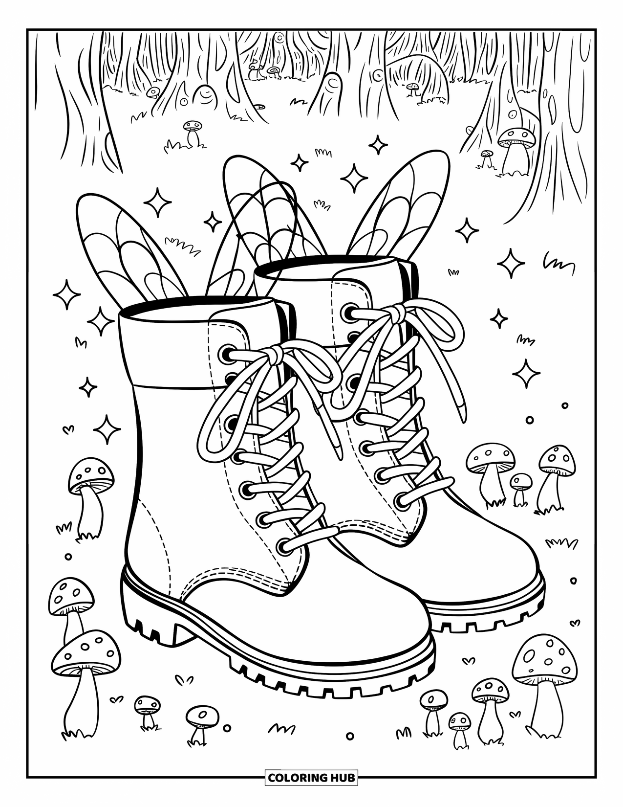 Schuh Ausmalbild für Erwachsene: Feenstiefel mit zarten Flügeln, Schleifenbändern und schwebenden Sternen in einem verzauberten Wald