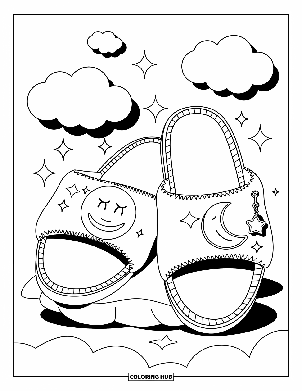 Schuh Ausmalbild für Erwachsene: Hausschuhe mit Mondmotiven auf einem flauschigen Kissen, umgeben von verträumten Wolken und winzigen Sternanhängern