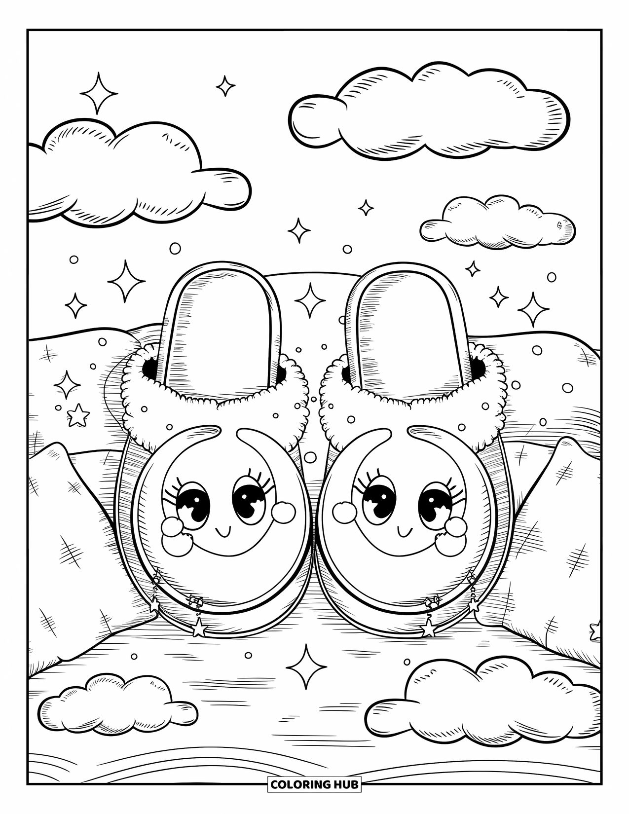 Schuh Ausmalbild für Erwachsene: Übergroße Hausschuhe mit einem lächelnden Mond, Sternanhängern und verträumten Wolken, die um sie herum schweben