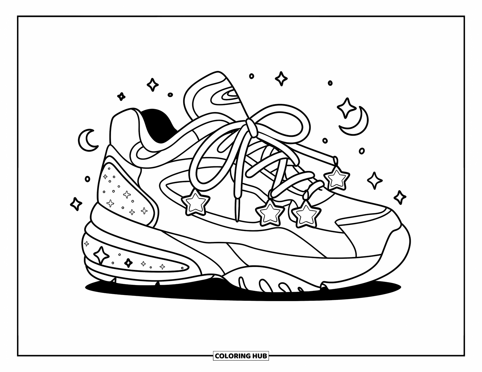 Schuh Ausmalbild für Erwachsene: Sneaker mit Sternanhängern, einem Galaxie-Wirbelmuster und winzigen schwebenden Monden, die sie umgeben