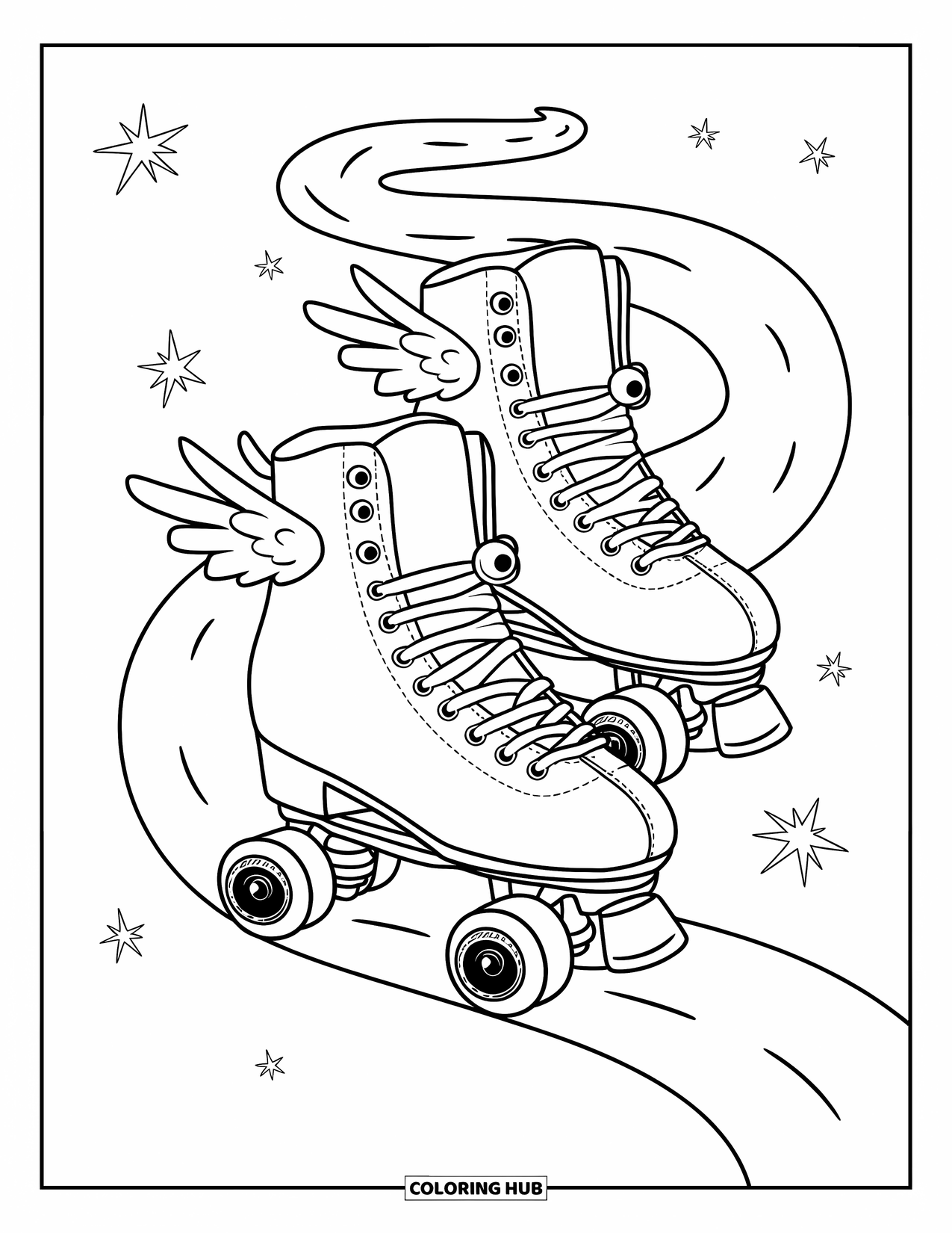 Schuh Ausmalbild für Erwachsene: Skurrile Rollschuhe mit winzigen Flügeln, großen Augen und einer verträumten, bandförmigen Straße unter ihnen