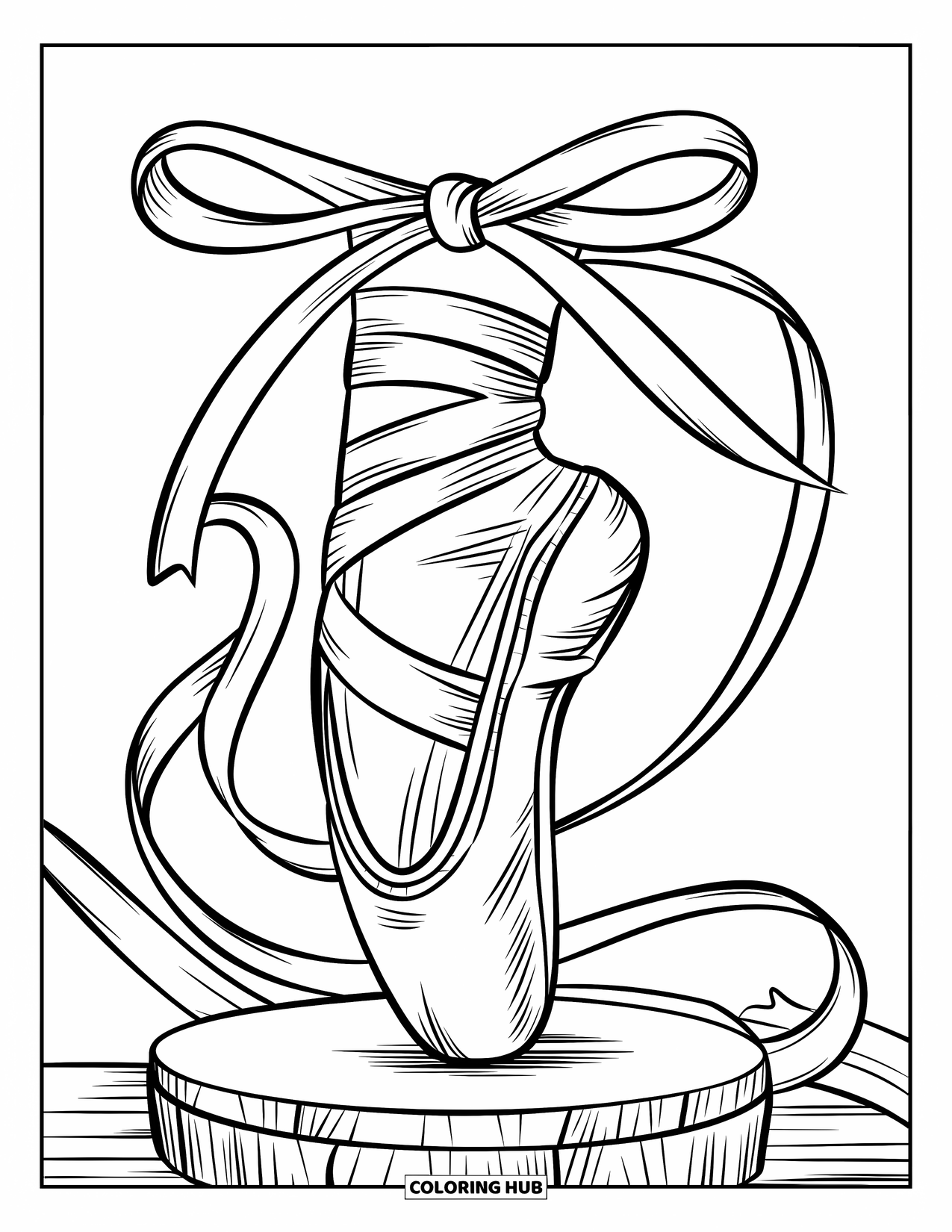 Schuh Ausmalbild für Kinder: Ein Ballettschuh mit einer zarten Schleife ist auf einem Holzblock vor einem einfachen Hintergrund platziert