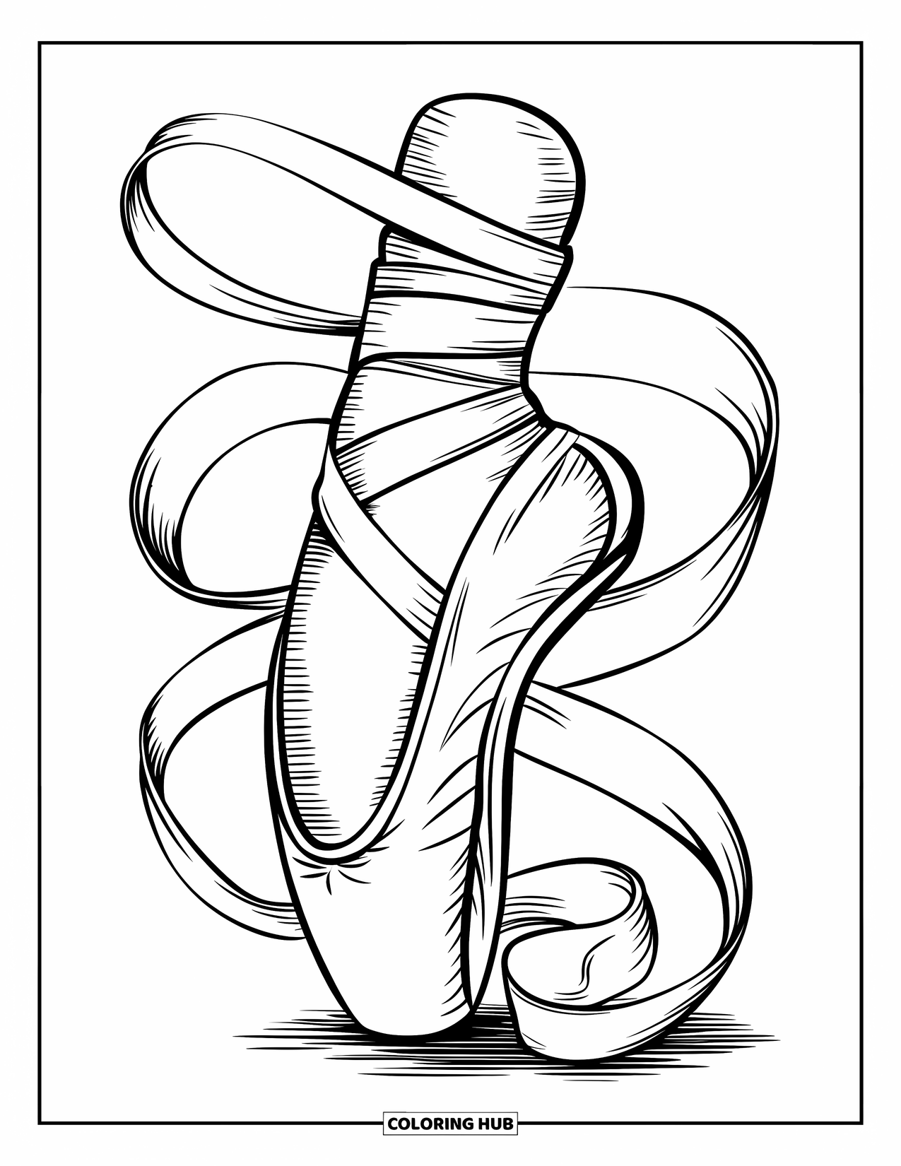 Schuh Ausmalbild für Kinder: Ein Ballettschuh, der in zarten Bändern gewickelt ist, ist dynamisch dargestellt, als wäre er mitten in einer Drehung