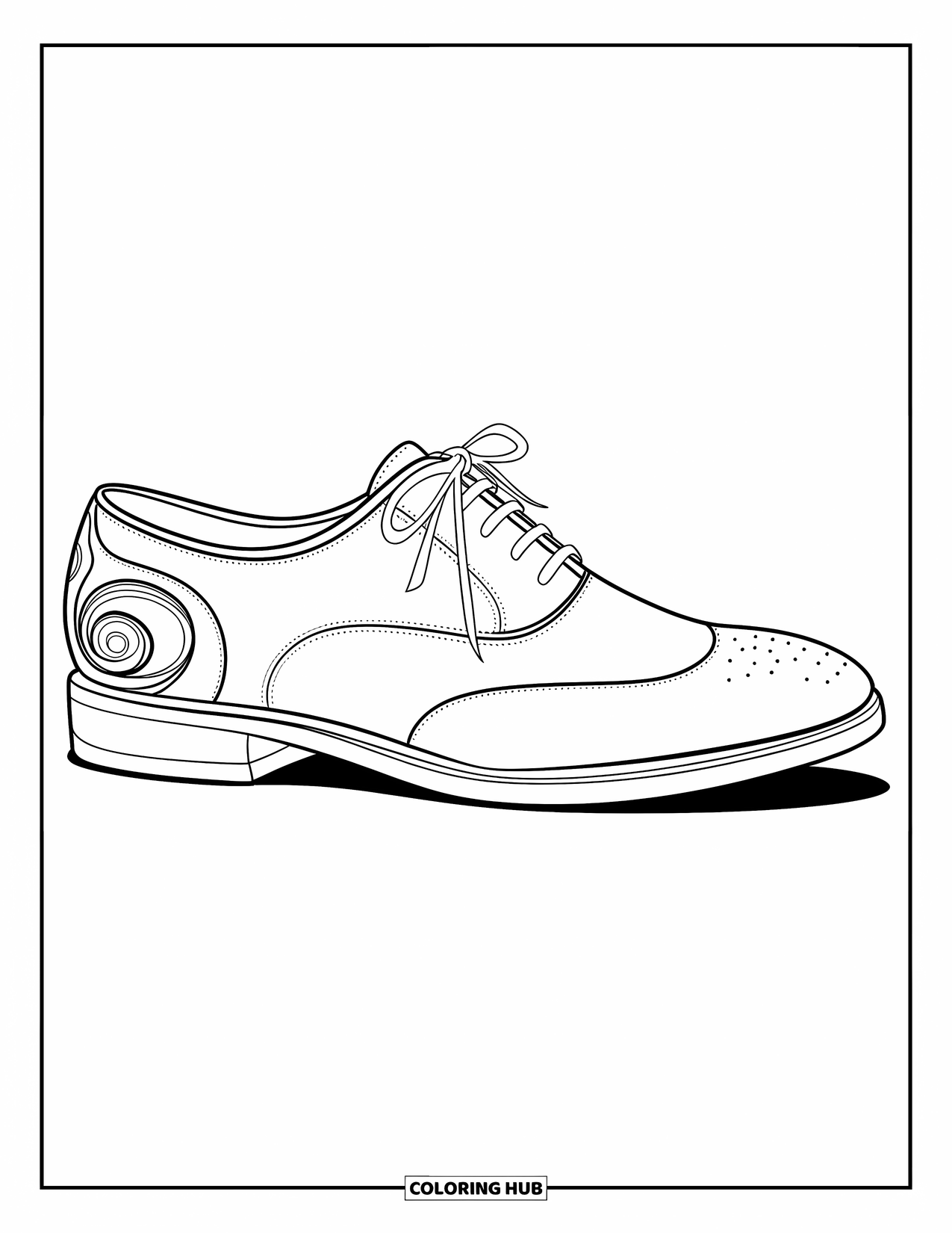 Schuh Ausmalbild für Kinder: Ein klassischer Anzugschuh mit eleganten Kurven, einem Schleifendetail und künstlerischen Wirbeln sitzt auf einem weißen Hintergrund