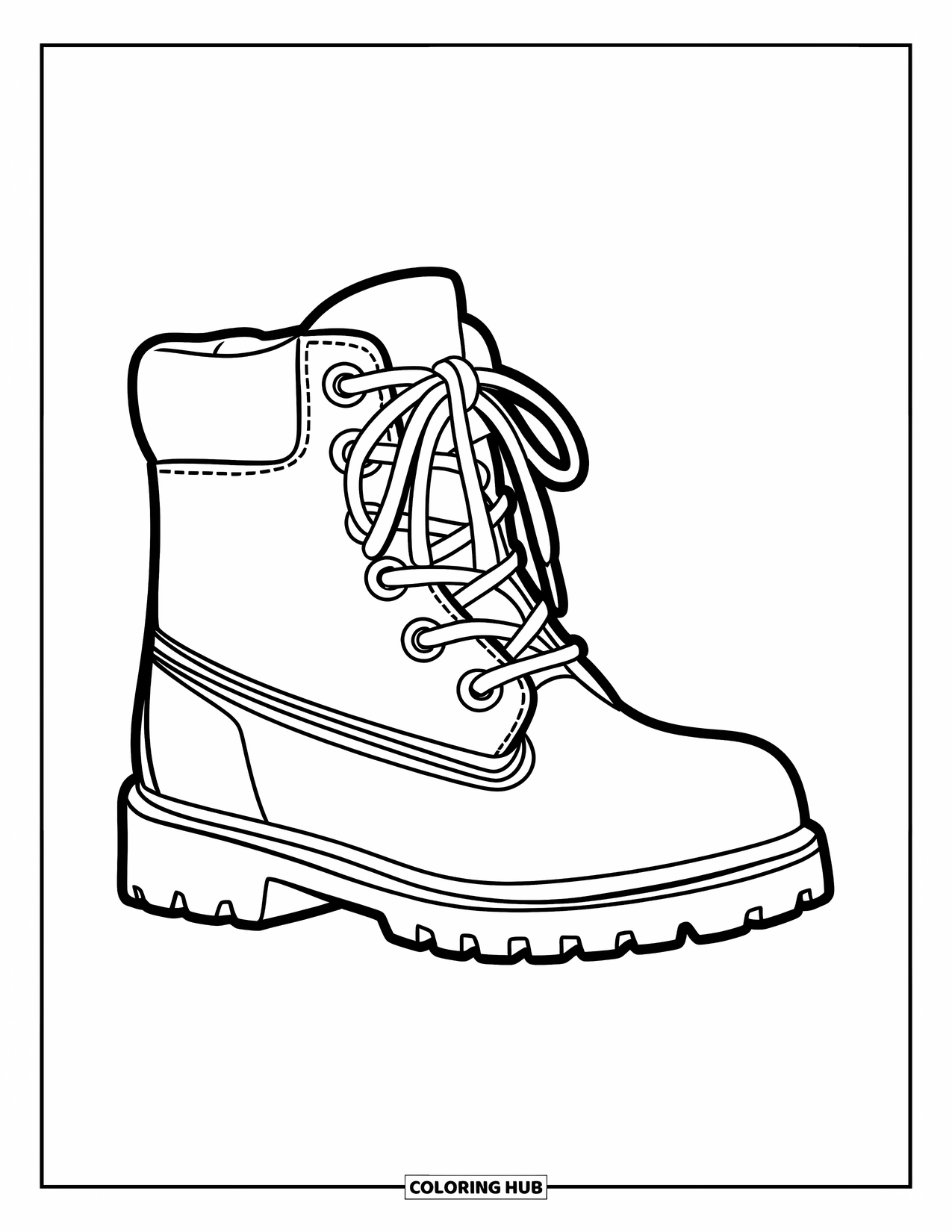 Schuh Ausmalbild für Kinder: Ein niedlicher Cartoon-Stiefel mit einer klobigen Sohle, großen Ösen und dicken Schnürsenkeln sitzt auf einem weißen Hintergrund