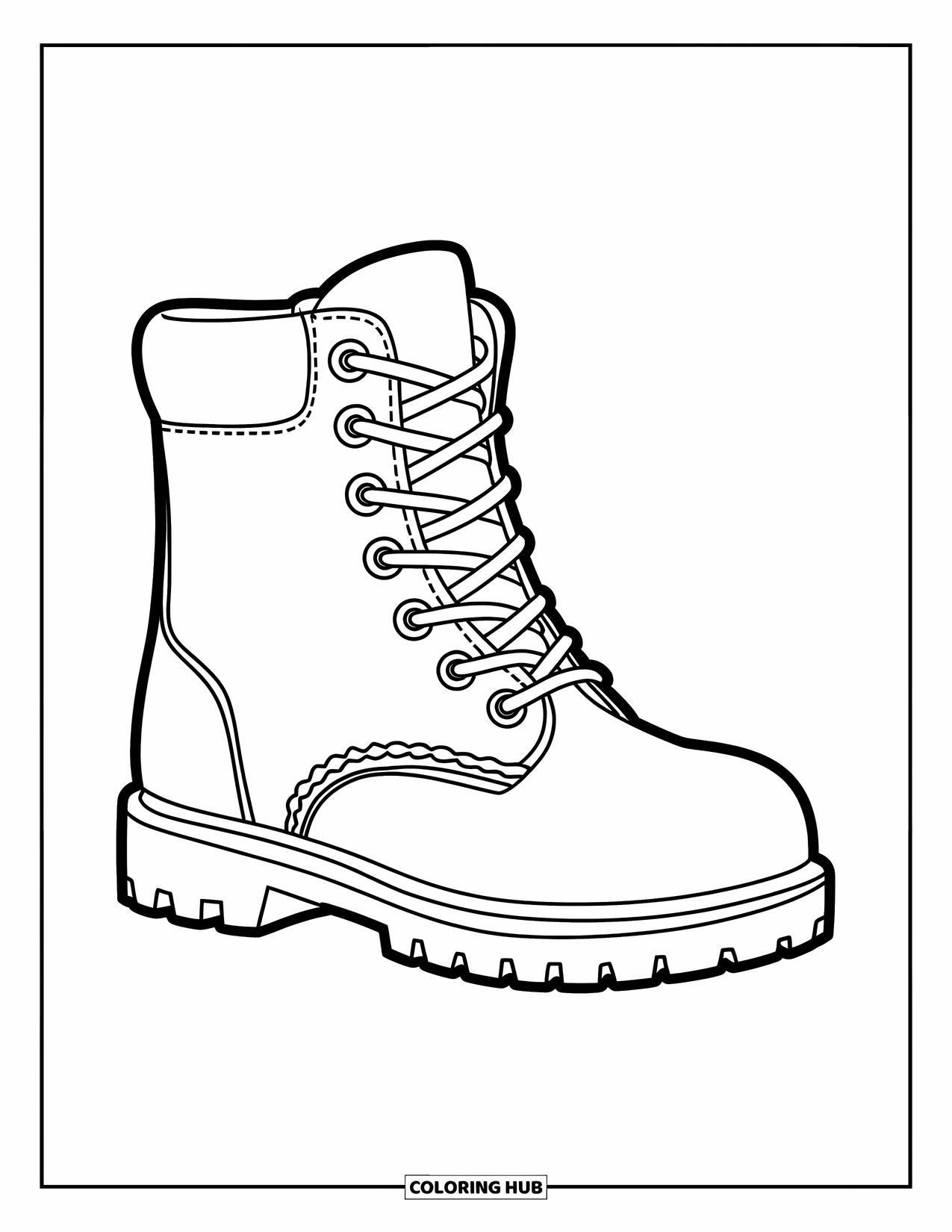 Schuh Ausmalbild für Kinder: Ein niedlicher Cartoon-Stiefel mit einer abgerundeten, verspielten Form und einem leicht auszumalenden Stil ist perfekt für junge Künstler