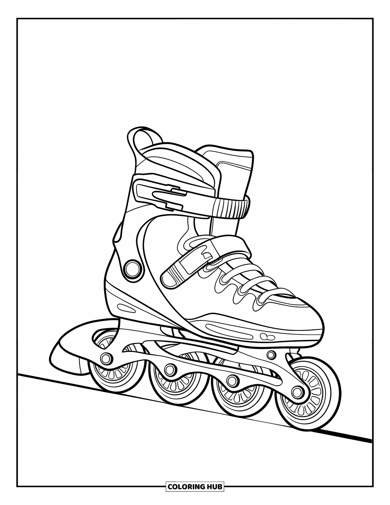 Schuh Ausmalbild für Kinder: Ein detaillierter Rollerblade mit kräftigen Konturen scheint über einen sauberen, offenen Hintergrund zu gleiten