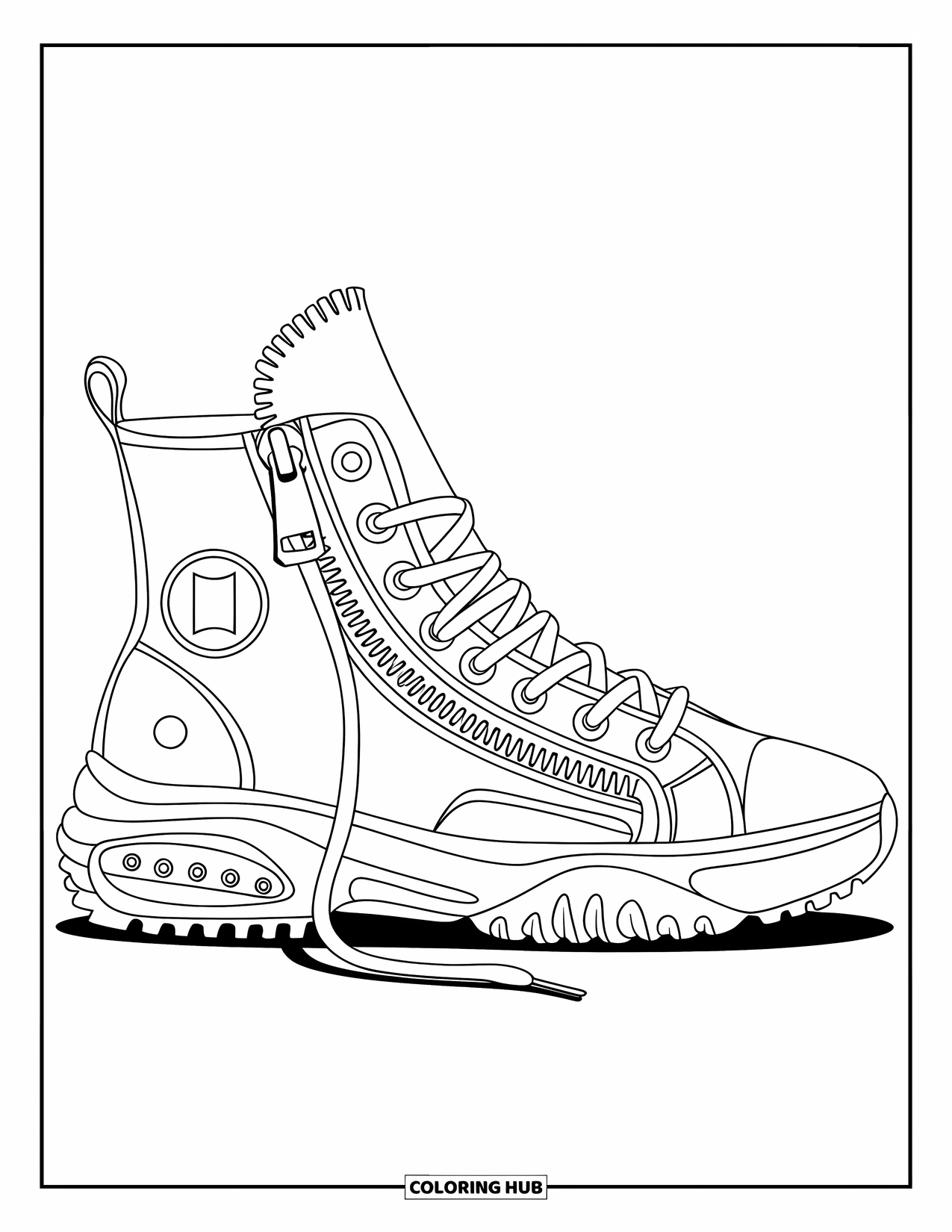 Schuh Ausmalbild für Kinder: Ein modischer High-Top-Sneaker mit einem eleganten Design und klaren Konturen eignet sich zum Ausmalen