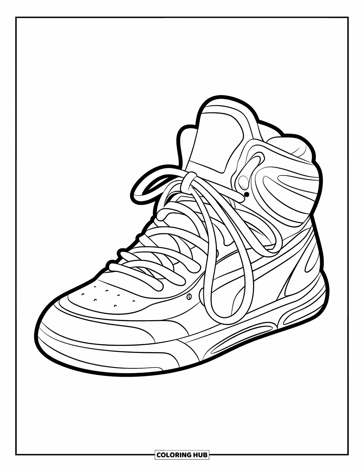 Schuh Ausmalbild für Kinder: Ein Sneaker in Vorderansicht mit einem sportlichen Streifen und kräftigen Konturen ist ein tolles Ausmalbild