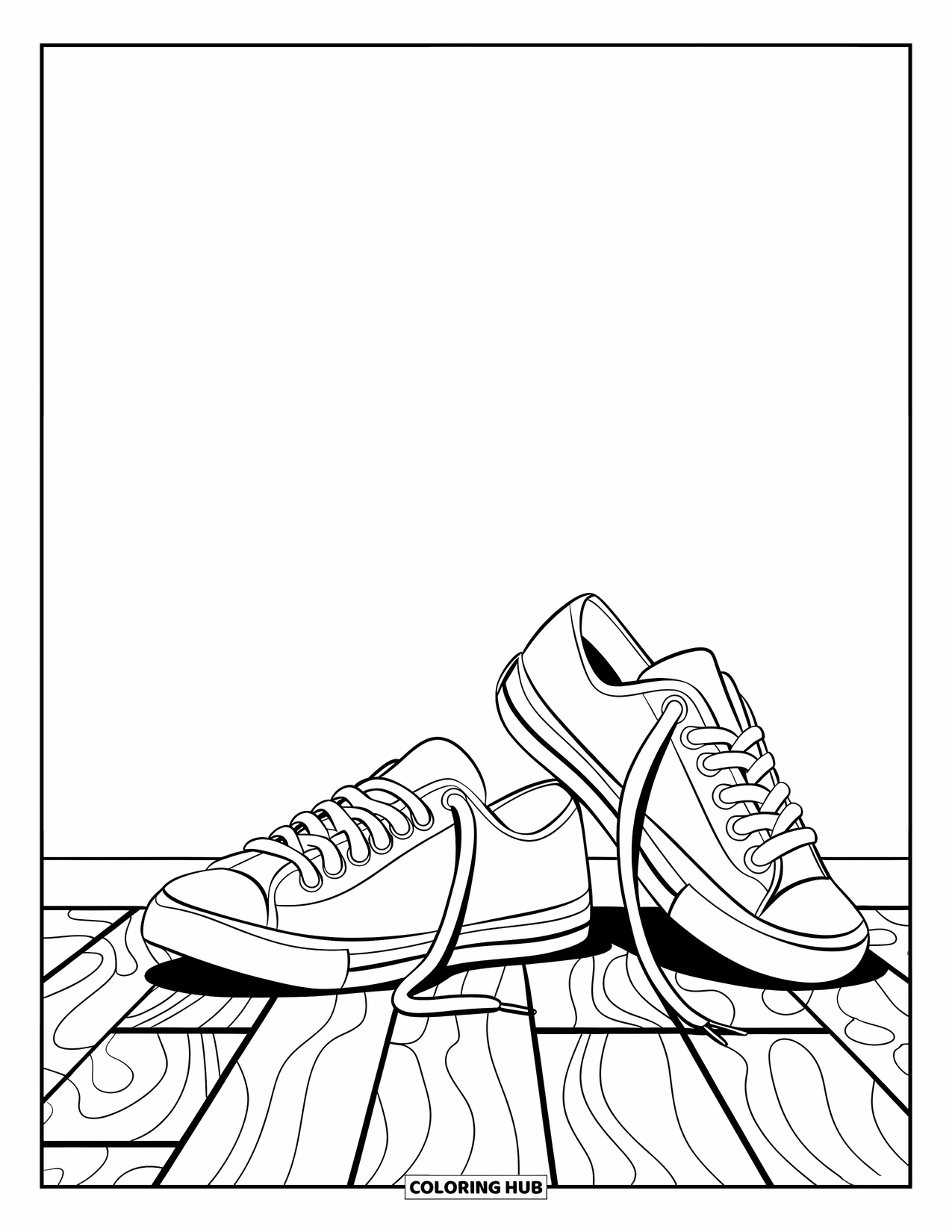 Schuh Ausmalbild für Kinder: Ein lustiges Sneaker-Design mit kräftigen Konturen sitzt auf einem Holzboden mit einem sich wiederholenden Muster