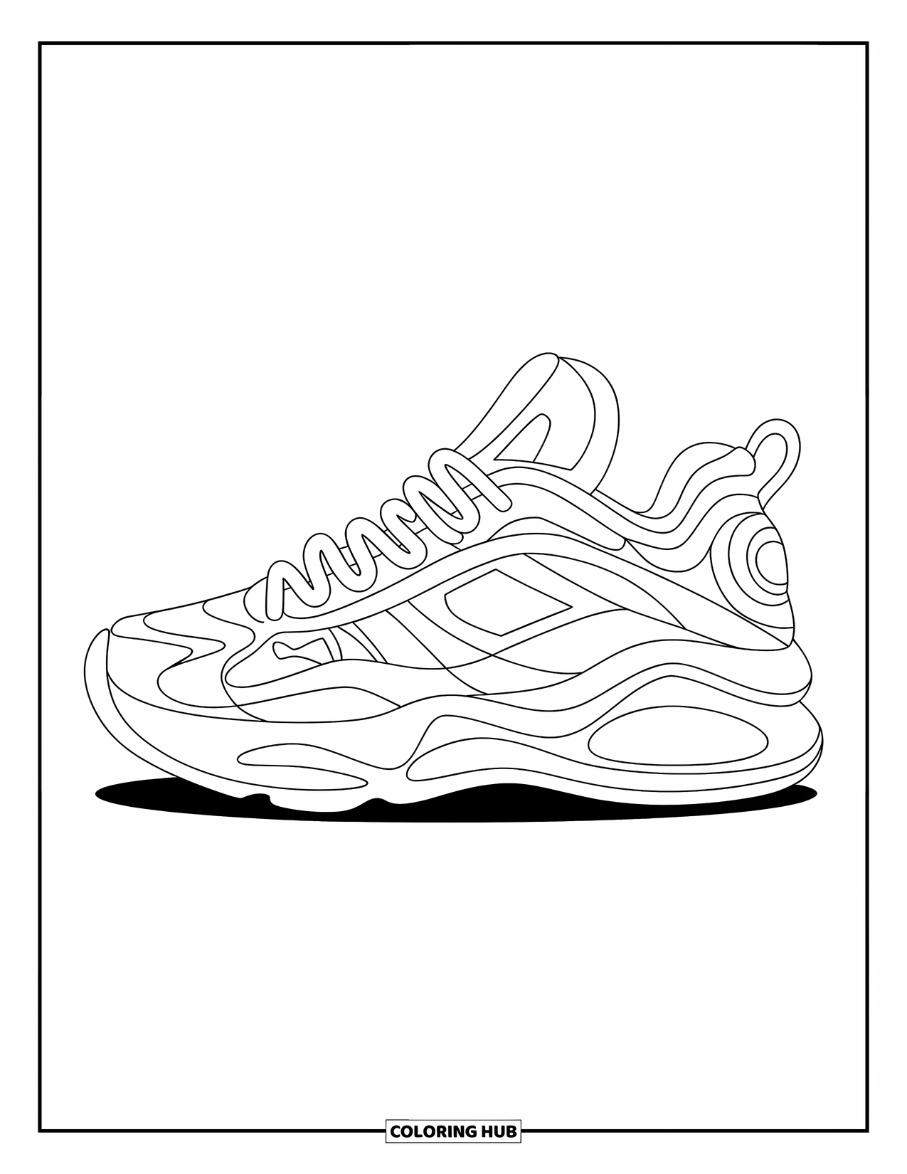 Schuh Ausmalbild für Kinder: Ein großer, einfacher Sneaker mit dicken Konturen und minimalen Details ist bereit für eine einfache Ausmalsitzung