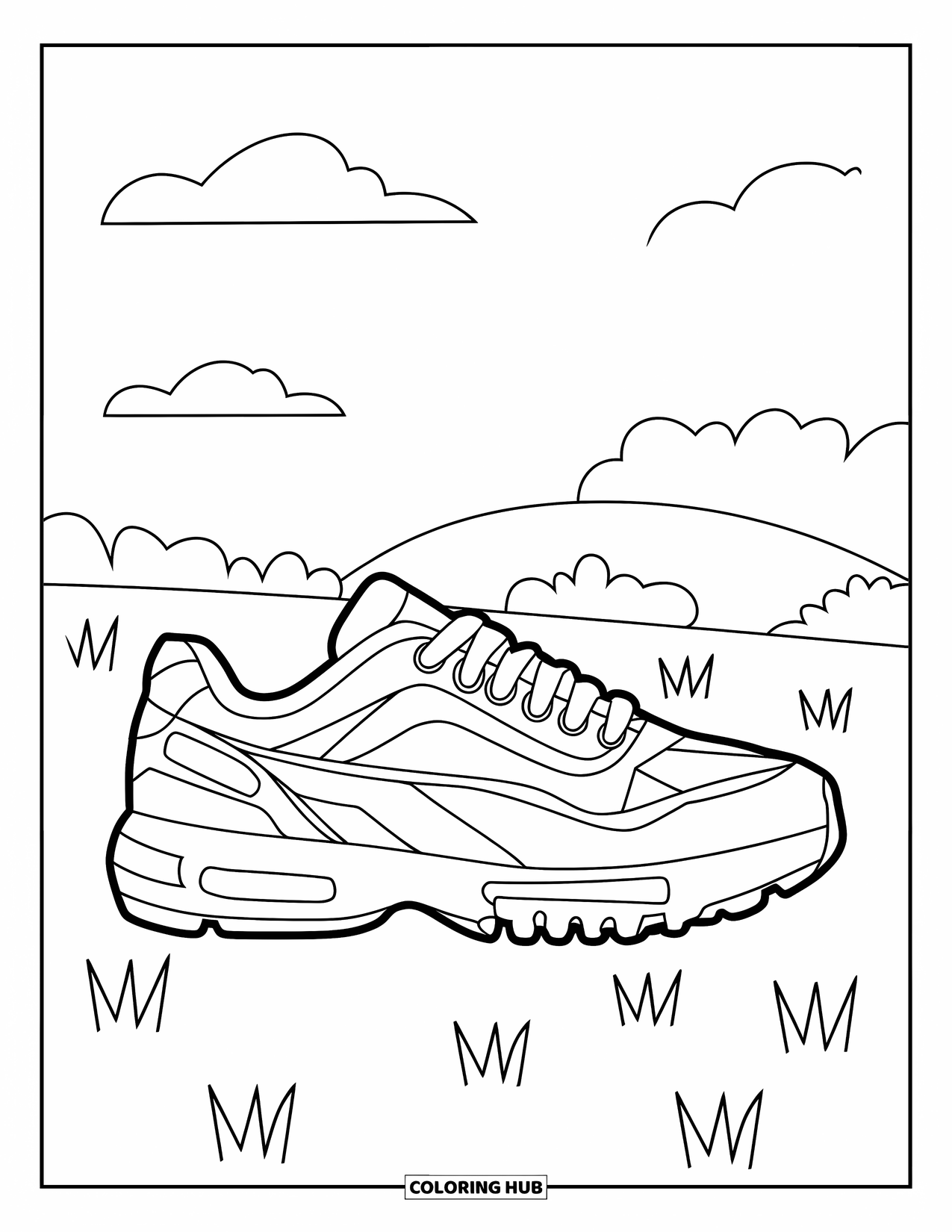 Schuh Ausmalbild für Kinder: Ein großer Sneaker mit dicken Konturen und ein paar Wolken am Himmel bietet ein lustiges und kreatives Ausmalerlebnis