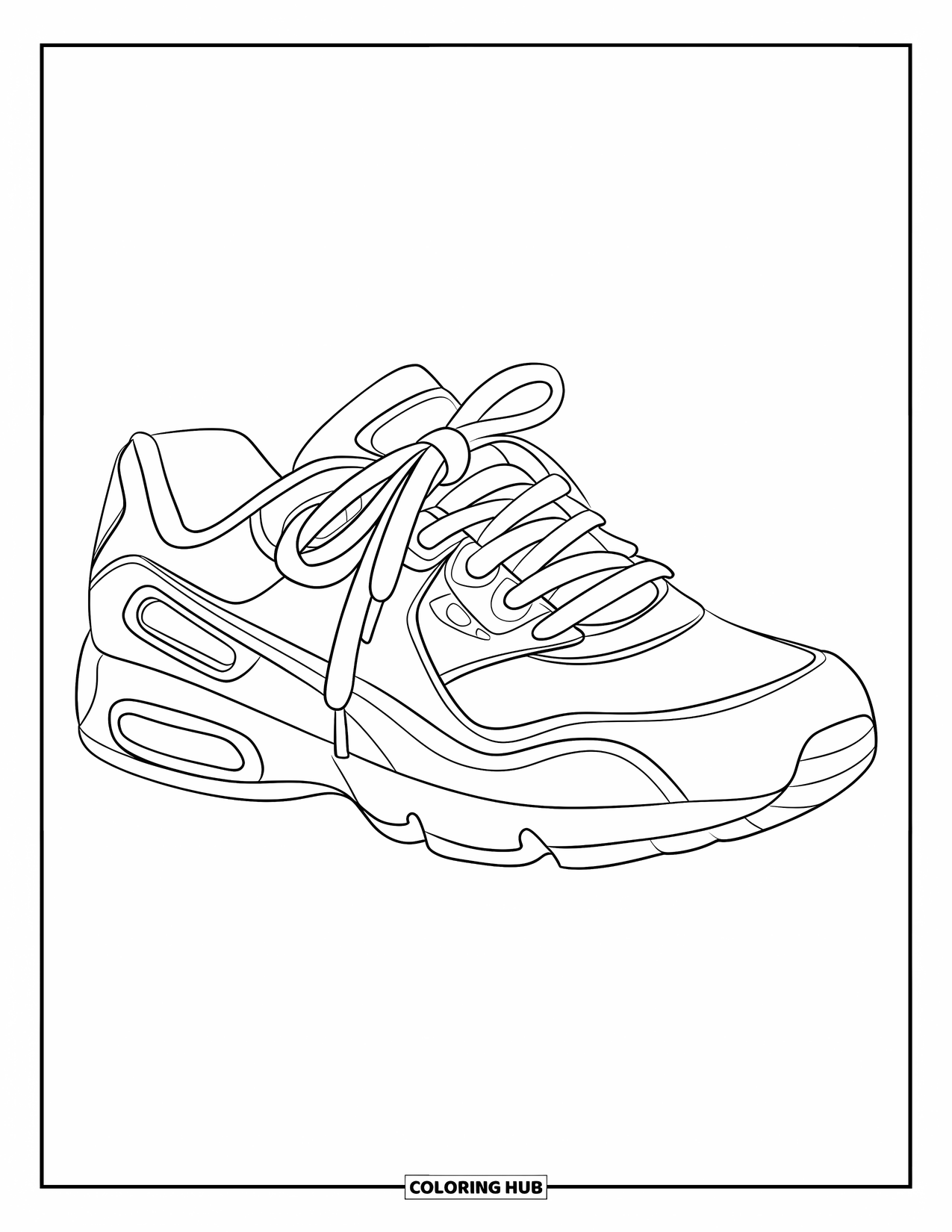 Schuh Ausmalbild für Kinder: Ein ordentlich geschnürter Sneaker mit einem einfachen Design und einem lustigen, ansprechenden Stil ist perfekt zum Ausmalen