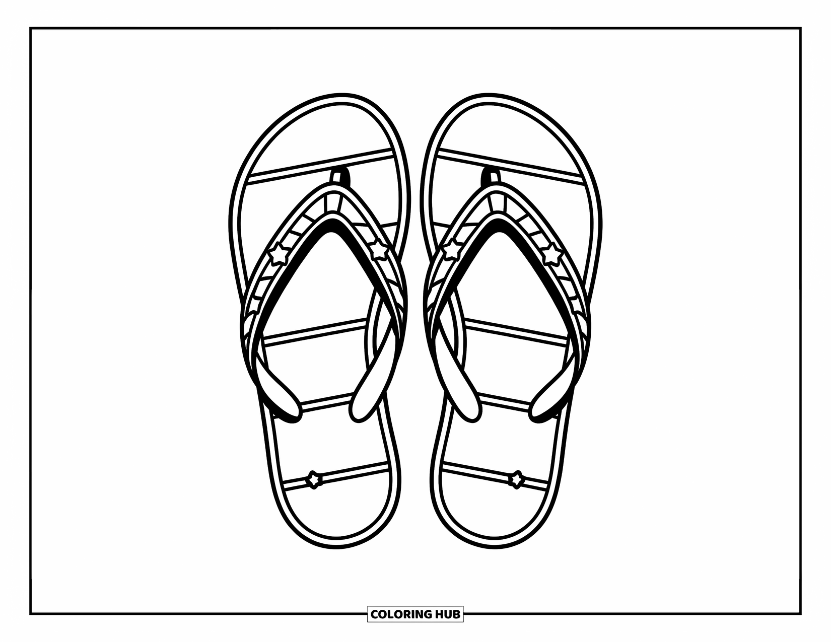 Schuh Ausmalbild für Kinder: Ein Paar Flip-Flops mit einem lustigen Stern-Detail ist mit großen, leicht auszumalenden Abschnitten gestaltet