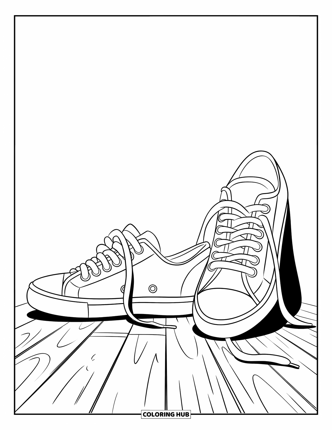 Schuh Ausmalbild für Kinder: Ein Paar Sneaker, einer ungebunden und einer gebunden, sitzen nebeneinander auf einem Holzboden