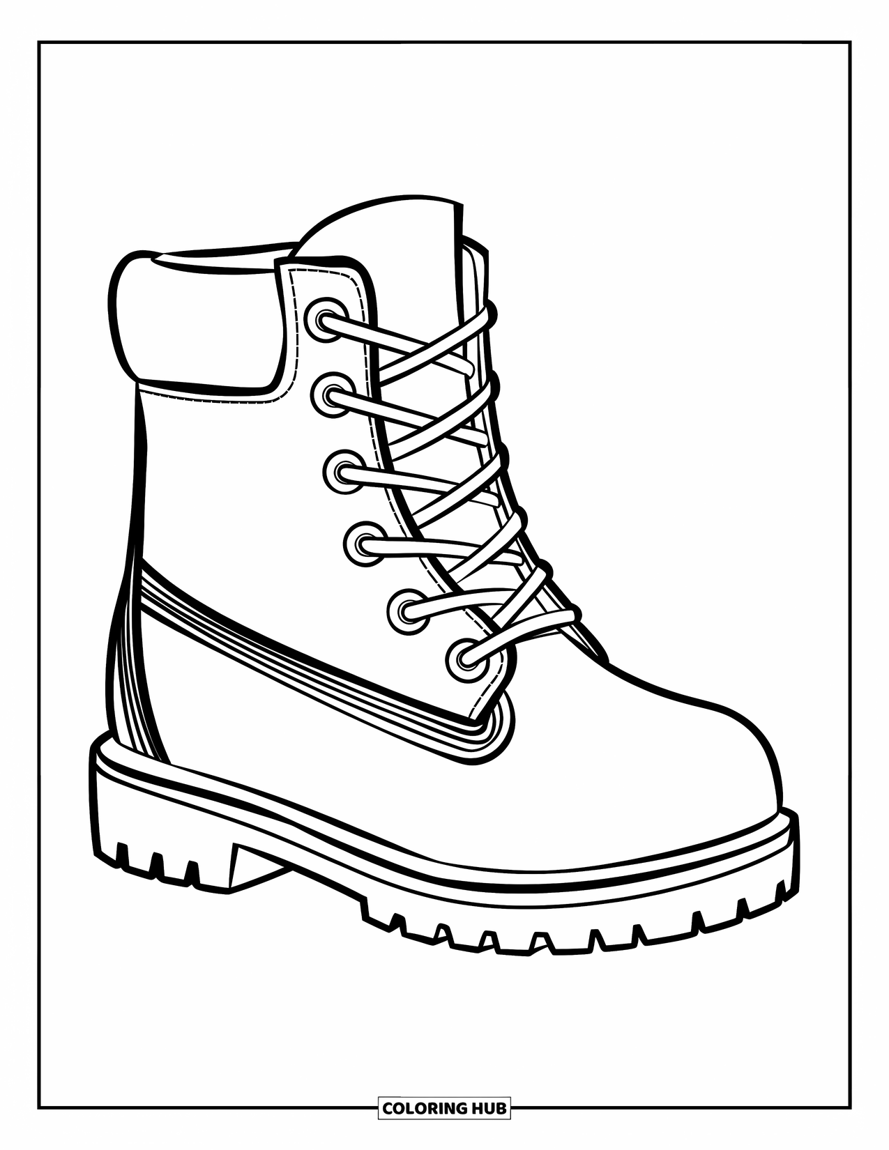 Schuh Ausmalbild für Kinder: Ein verspielter, klobiger Stiefel mit dicken Schnürsenkeln und einem lustigen Design sorgt für ein ansprechendes Ausmalbild