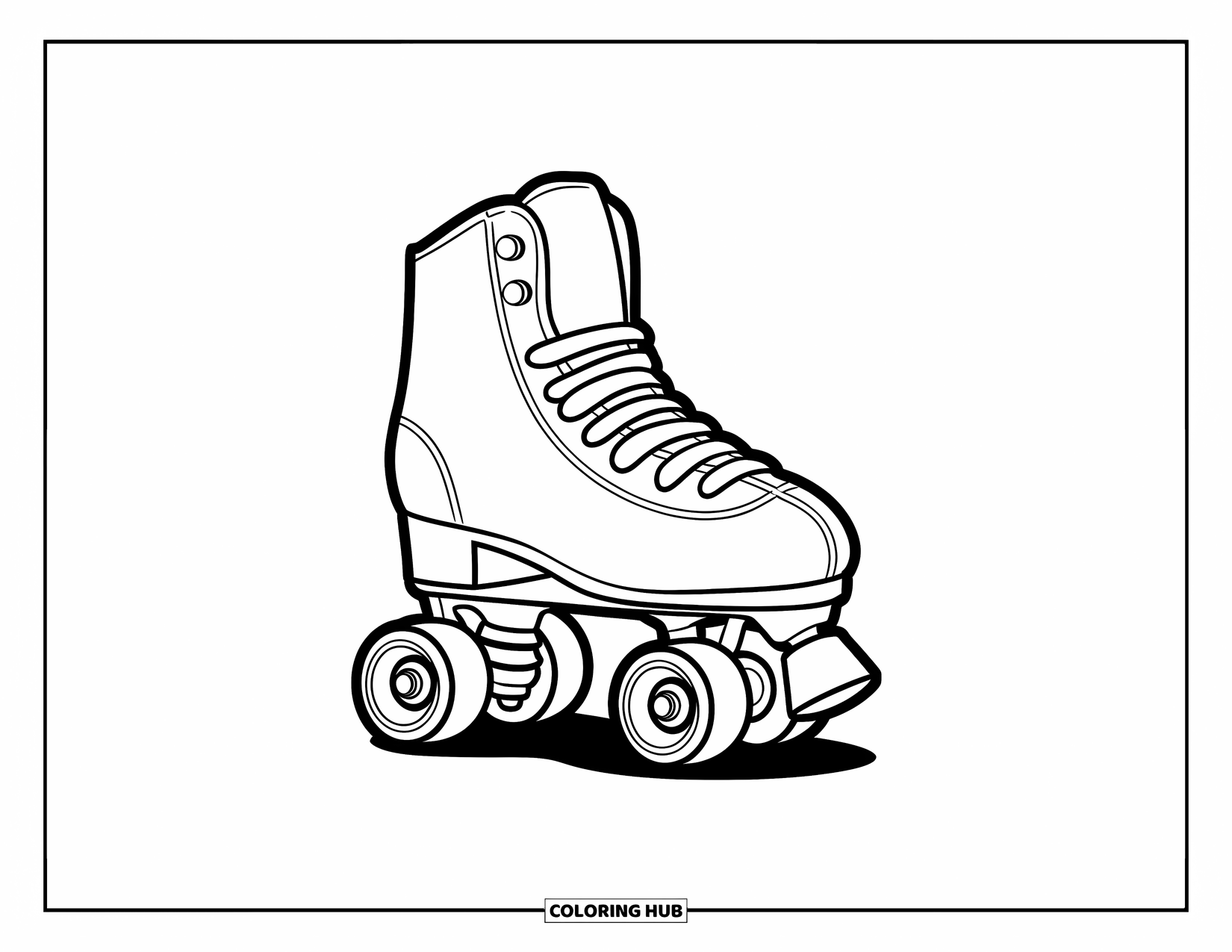 Schuh Ausmalbild für Kinder: Ein verspielter Rollschuh mit einem leicht auszumalenden Design und kräftigen Konturen sitzt auf einem weißen Hintergrund