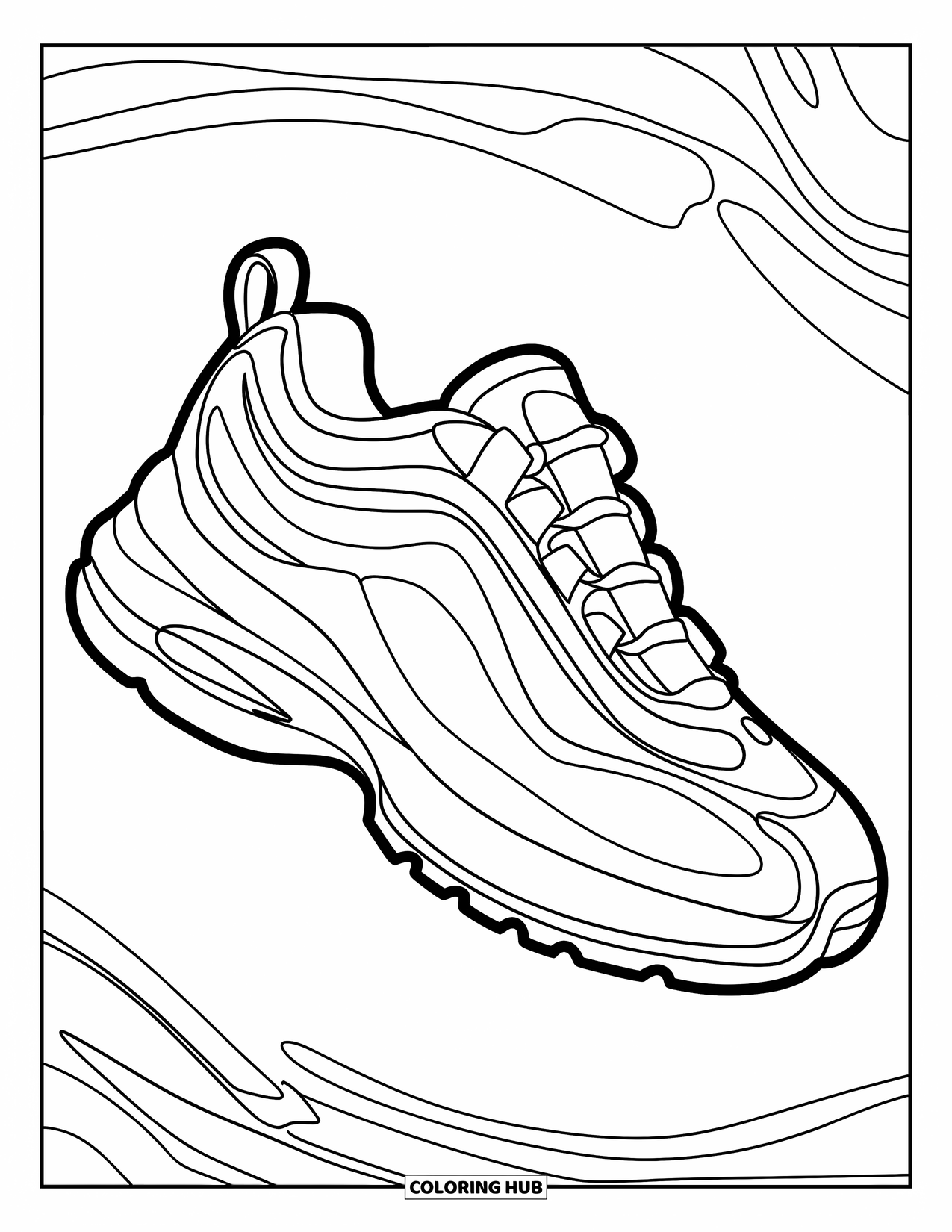 Schuh Ausmalbild für Kinder: Ein verspielter, einfacher Sneaker mit minimalen Details und einem fröhlichen Design vor einem weißen Hintergrund