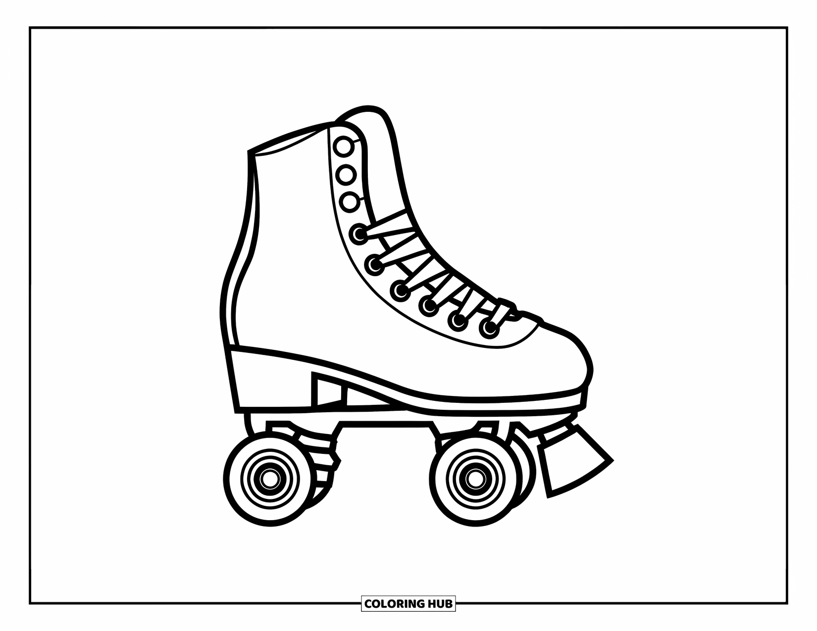 Schuh Ausmalbild für Kinder: Ein Rollschuh mit kräftigen Rädern und einfachen Riemen ist mit verspielten, leicht auszumalenden Konturen gestaltet