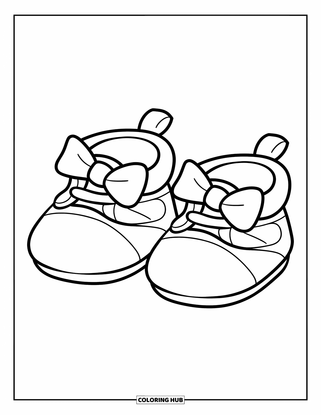 Schuh Ausmalbild für Kinder: Ein einfaches Paar Babyschuhe mit Schleifen und sauberen, kräftigen Konturen ist perfekt zum einfachen Ausmalen
