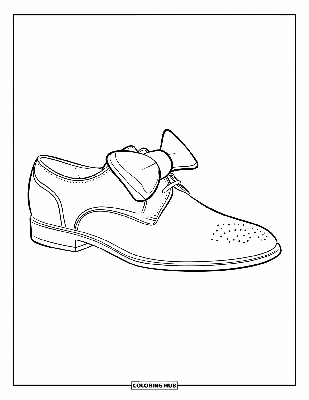 Schuh Ausmalbild für Kinder: Ein eleganter Anzugschuh mit einem künstlerischen Wirbelmuster und einem Schleifendetail ist bereit zum Ausmalen