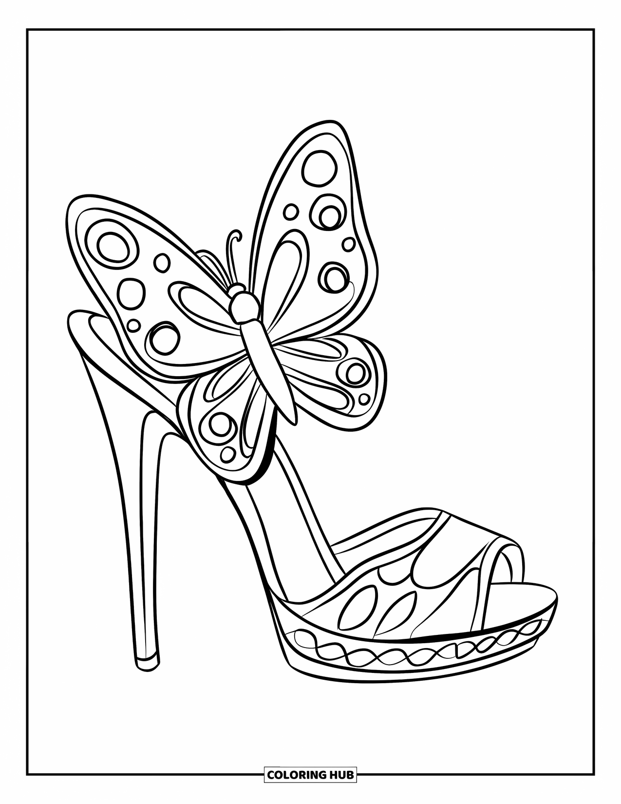 Schuh Ausmalbild für Kinder: Ein eleganter High-Heel-Schuh mit einem Schmetterlingsriemen und kräftigen Konturen sorgt für ein lustiges Ausmalbild
