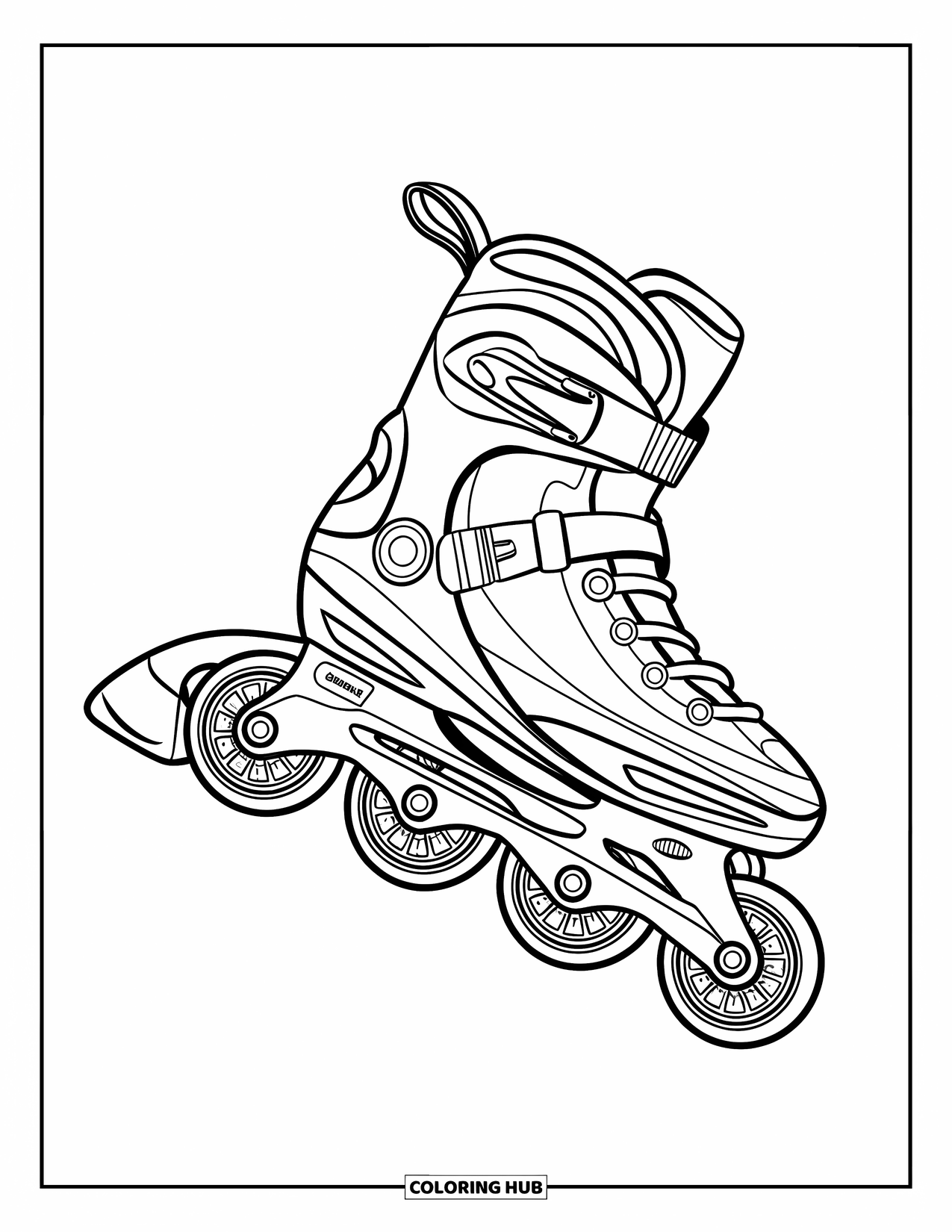 Schuh Ausmalbild für Kinder: Ein eleganter Rollerblade mit mehreren Rädern und einem Knöchelriemen ist so positioniert, als wäre er in Bewegung