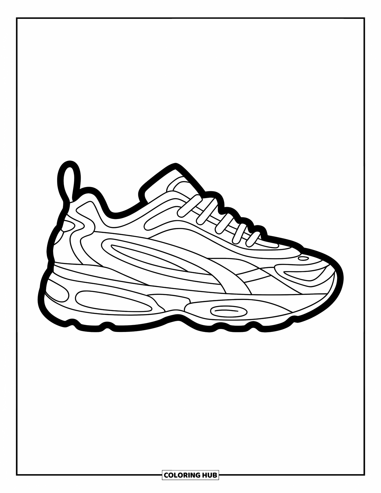 Schuh Ausmalbild für Kinder: Ein Sneaker mit abgerundeten Kanten und kräftigen, klaren Konturen sorgt für eine lustige, leicht auszumalende Seite