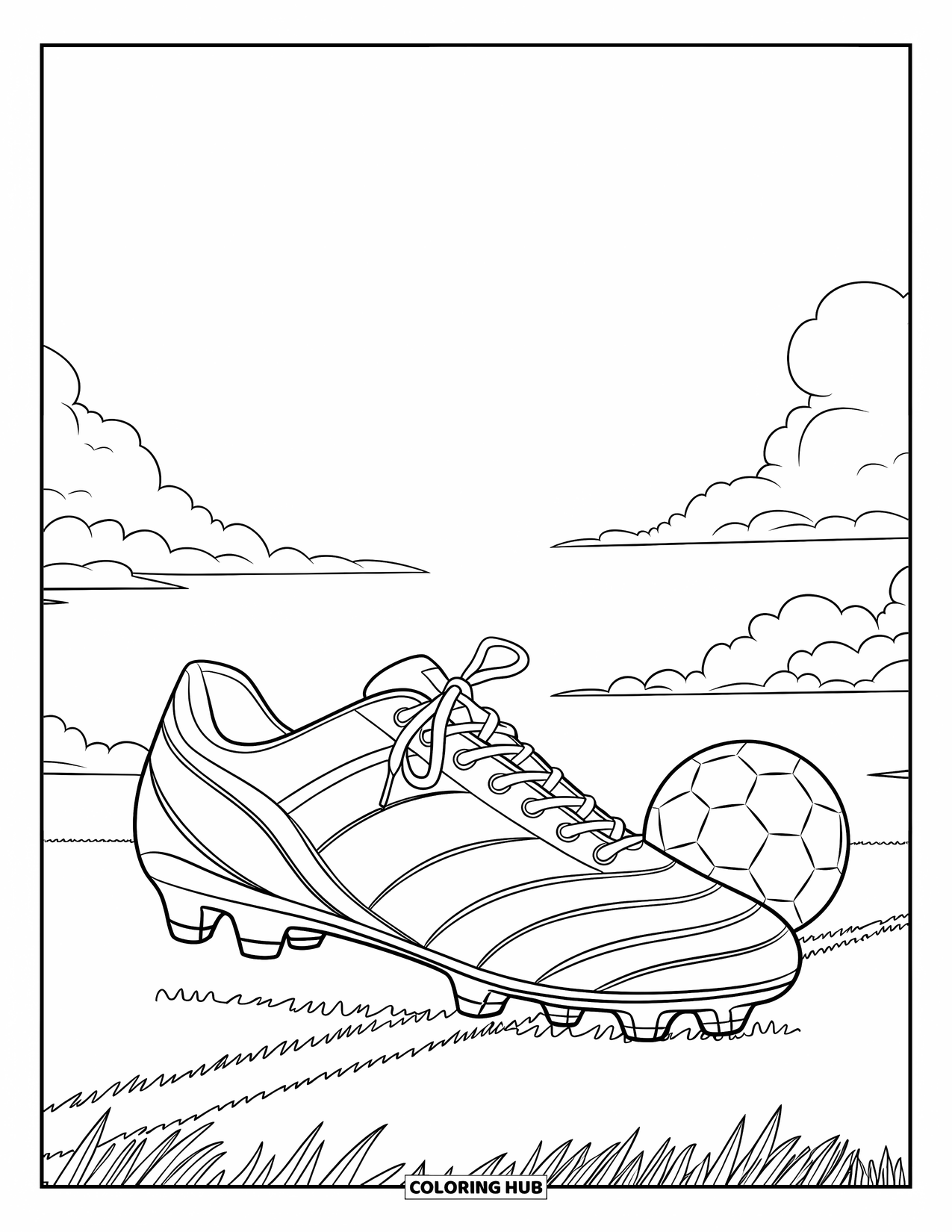 Schuh Ausmalbild für Kinder: Ein Fußballschuh mit gebundenen Schnürsenkeln und einem Ball in der Nähe sitzt auf einem Rasenfeld unter einem strahlenden Himmel