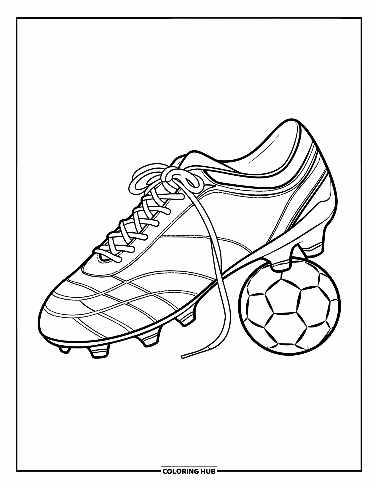 Schuh Ausmalbild für Kinder: Ein Fußballschuh mit sichtbaren Stollen und gebundenen Schnürsenkeln ist neben einem kleinen Fußball platziert