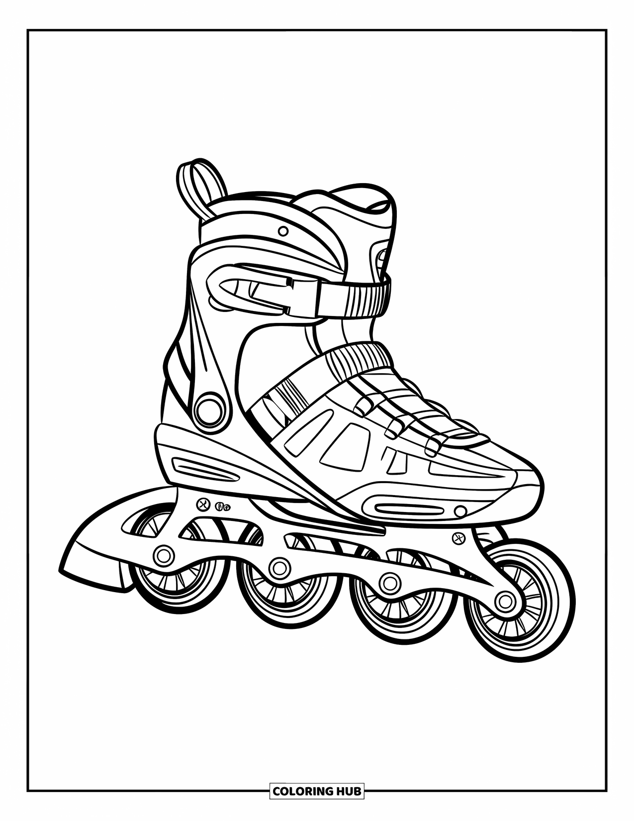 Schuh Ausmalbild für Kinder: Ein sportlicher Rollerblade mit einem dynamischen Design ist in einem Winkel auf einer glatten Oberfläche platziert