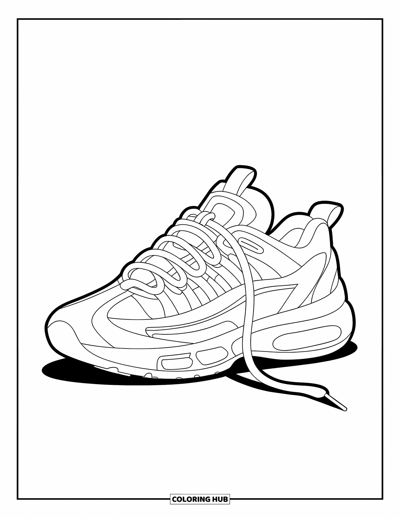 Schuh Ausmalbild für Kinder: Ein sportlicher Sneaker mit ordentlich gebundenen Schnürsenkeln und einem eleganten Streifen an der Seite sitzt auf einem weißen Hintergrund