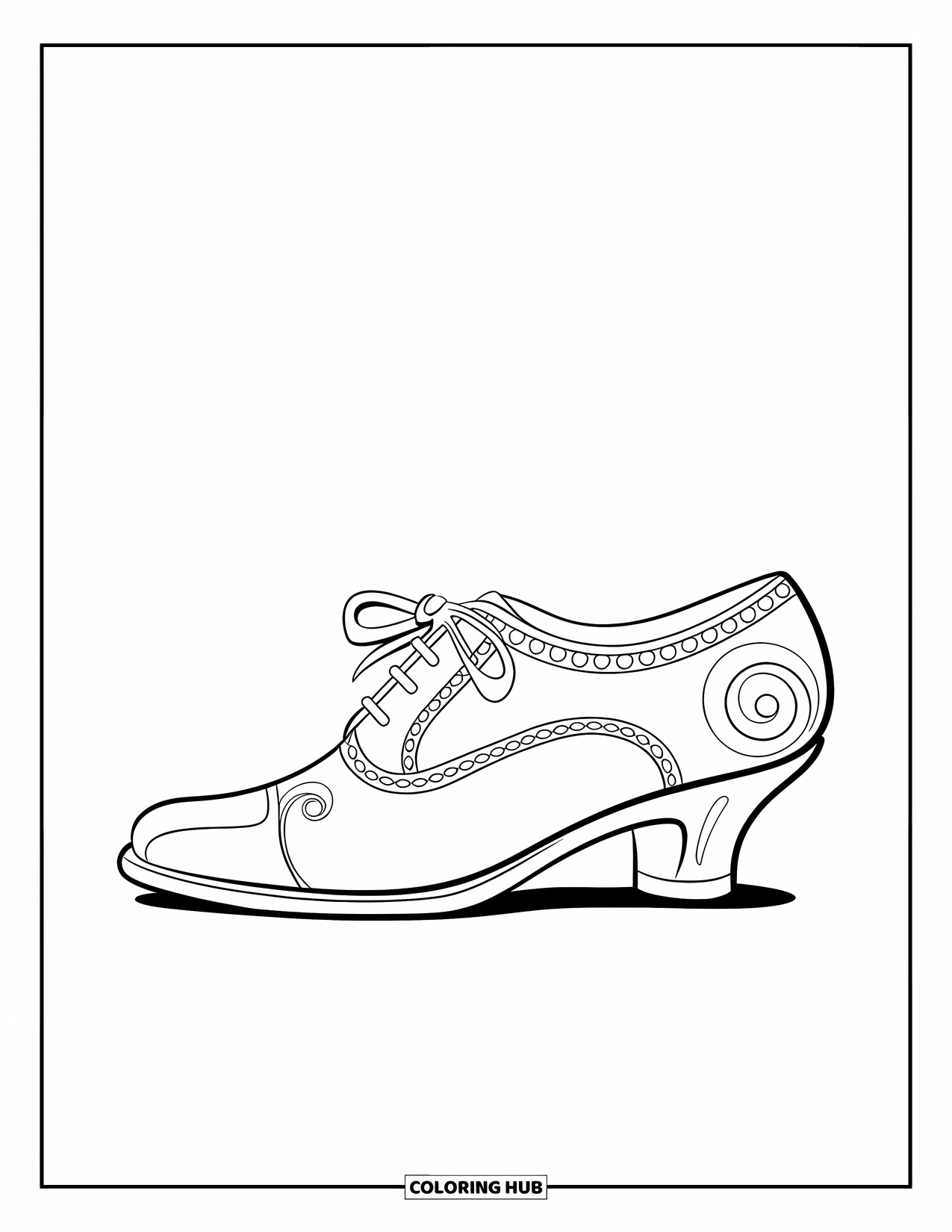 Schuh Ausmalbild für Kinder: Ein stilvoller Anzugschuh mit einem eleganten Schleifendesign und kräftigen Konturen ist bereit zum Ausmalen