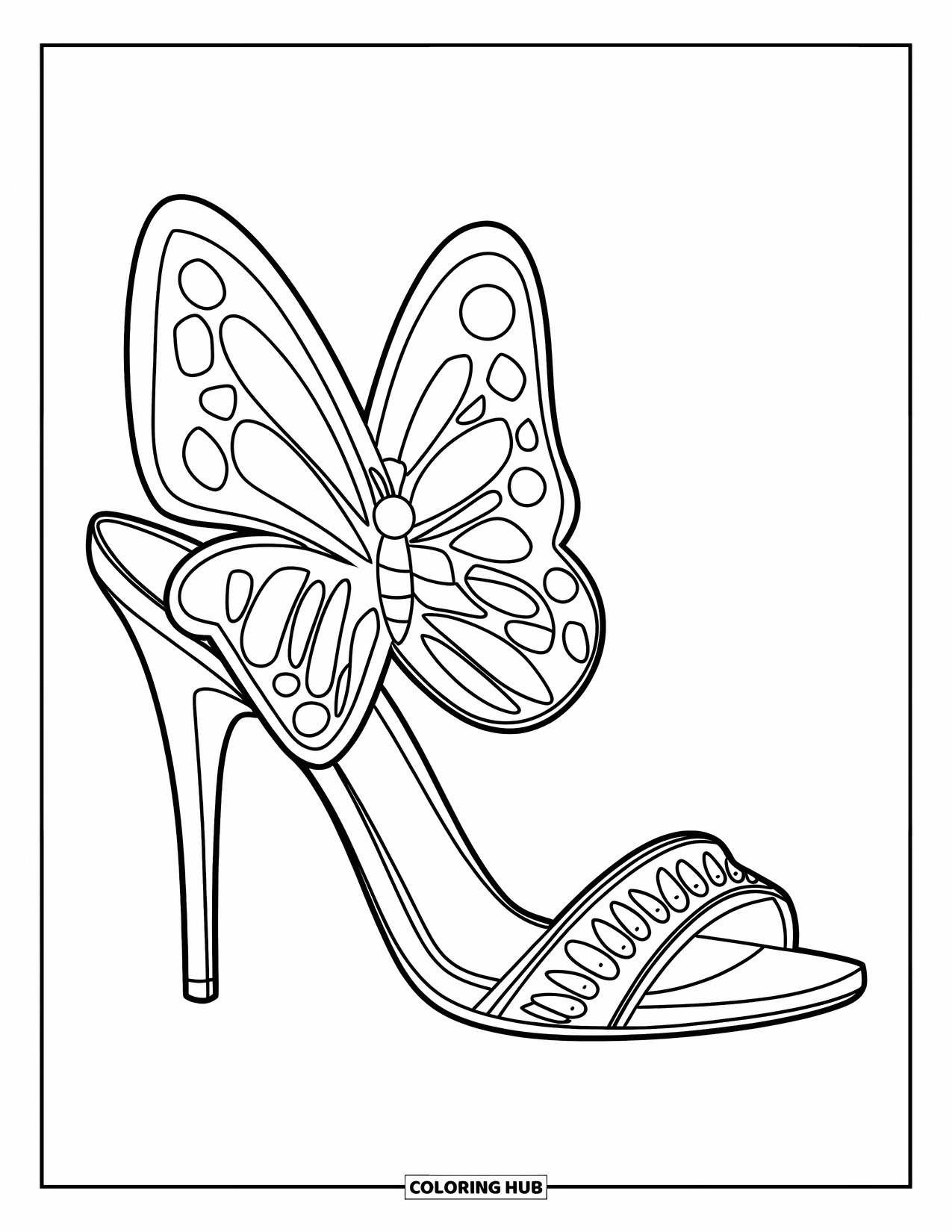 Schuh Ausmalbild für Kinder: Ein stilvoller High-Heel-Schuh mit einem Schmetterlingsriemen-Detail und einer gemusterten Sohle vor einem weißen Hintergrund