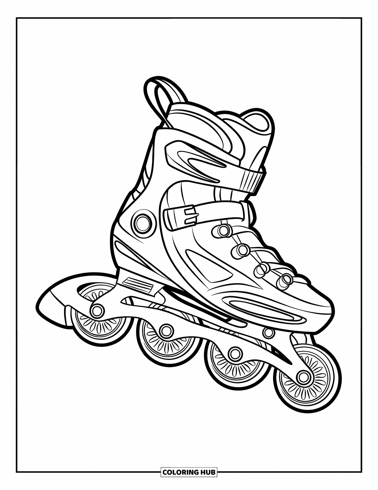 Schuh Ausmalbild für Kinder: Ein stilvoller Rollerblade mit einem Knöchelriemen und Rädern wird in einer von Bewegung inspirierten Pose gezeigt