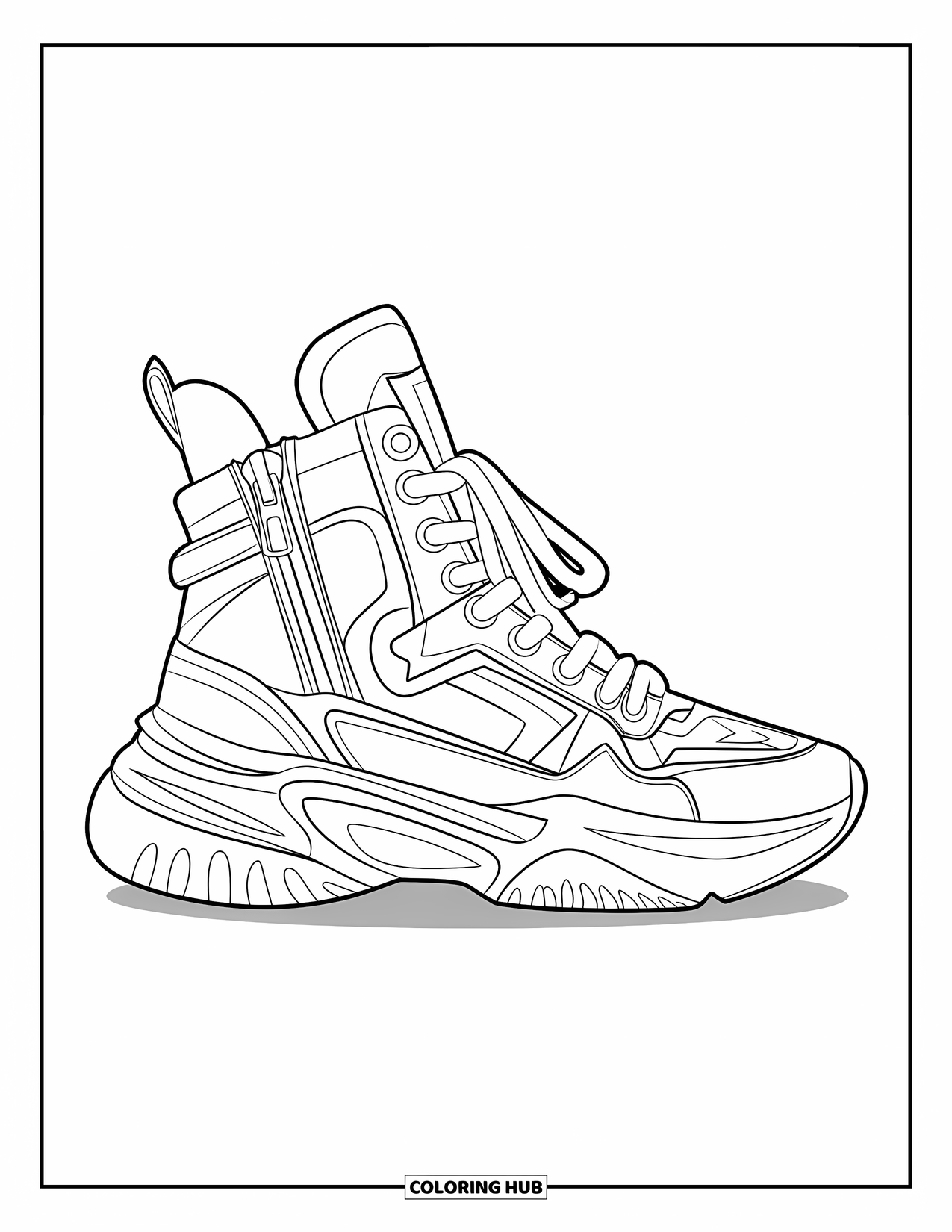 Schuh Ausmalbild für Kinder: Ein trendiger High-Top-Sneaker mit stilvollen Details und kräftigen Konturen ist für Teenager entworfen