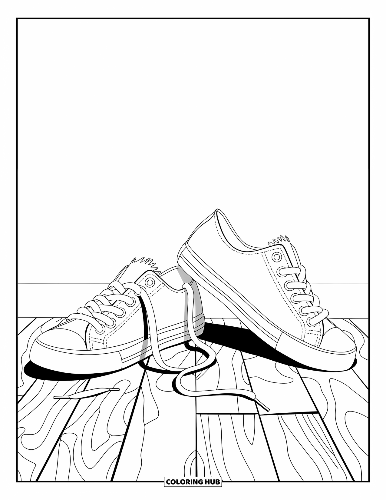 Schuh Ausmalbild für Kinder: Lässige Sneaker, die auf einem Holzboden platziert sind, haben saubere Konturen und ein einfaches Design