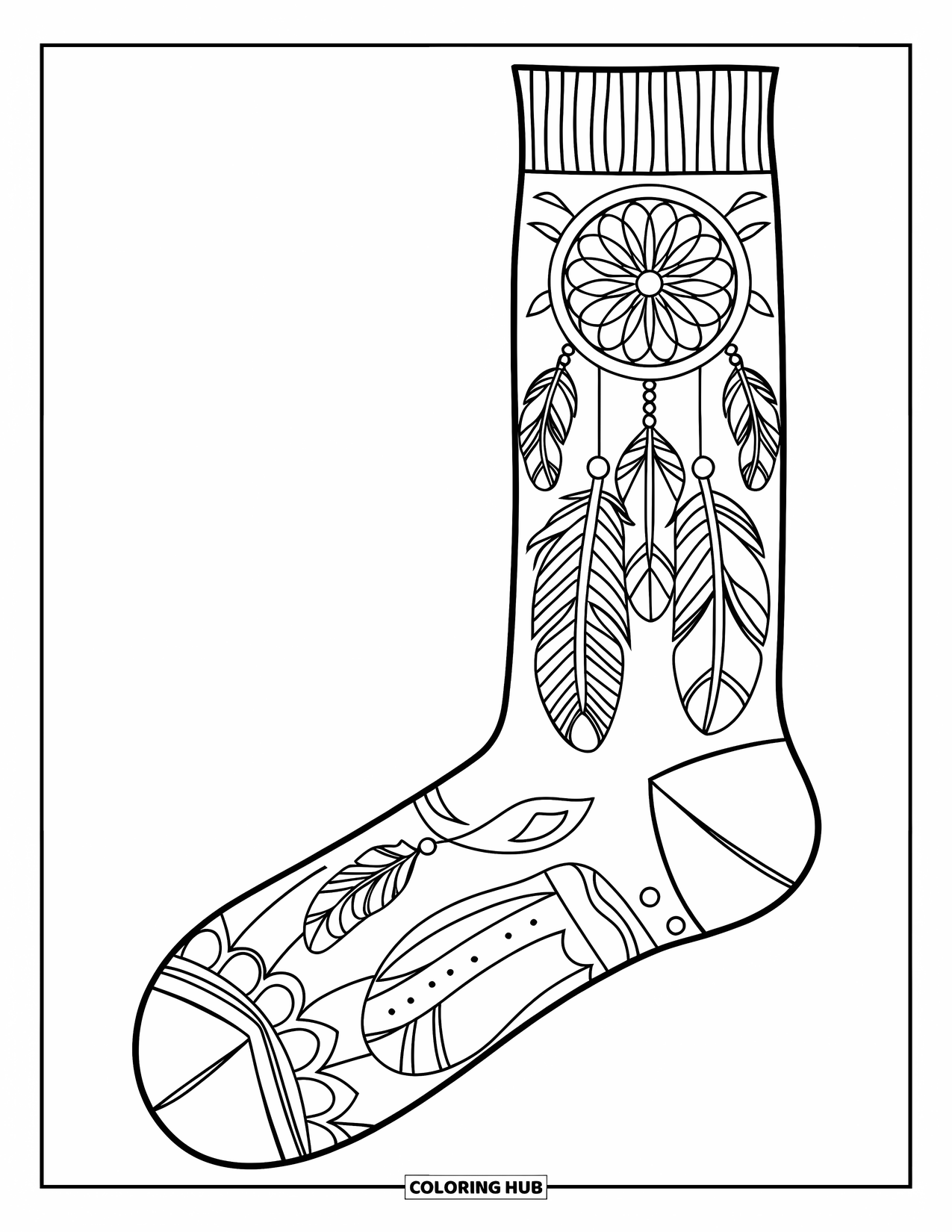 Sok Kleurplaat voor Volwassenen: Een bohemien sok met ingewikkelde dromenvanger- en veerpatronen valt op in dikke lijnen