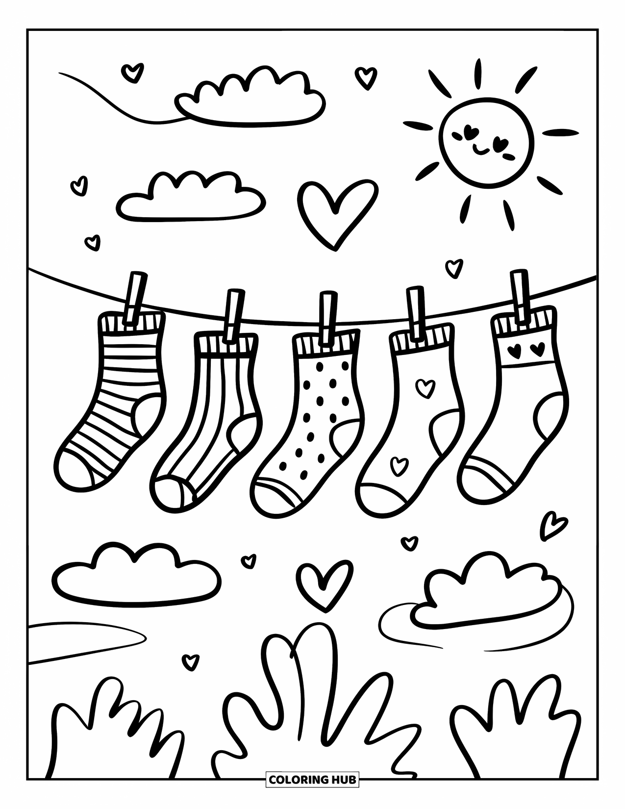 Sok Kleurplaat voor Volwassenen: Een waslijn toont sokken met patroon en speelse elementen zoals een zon en wolk